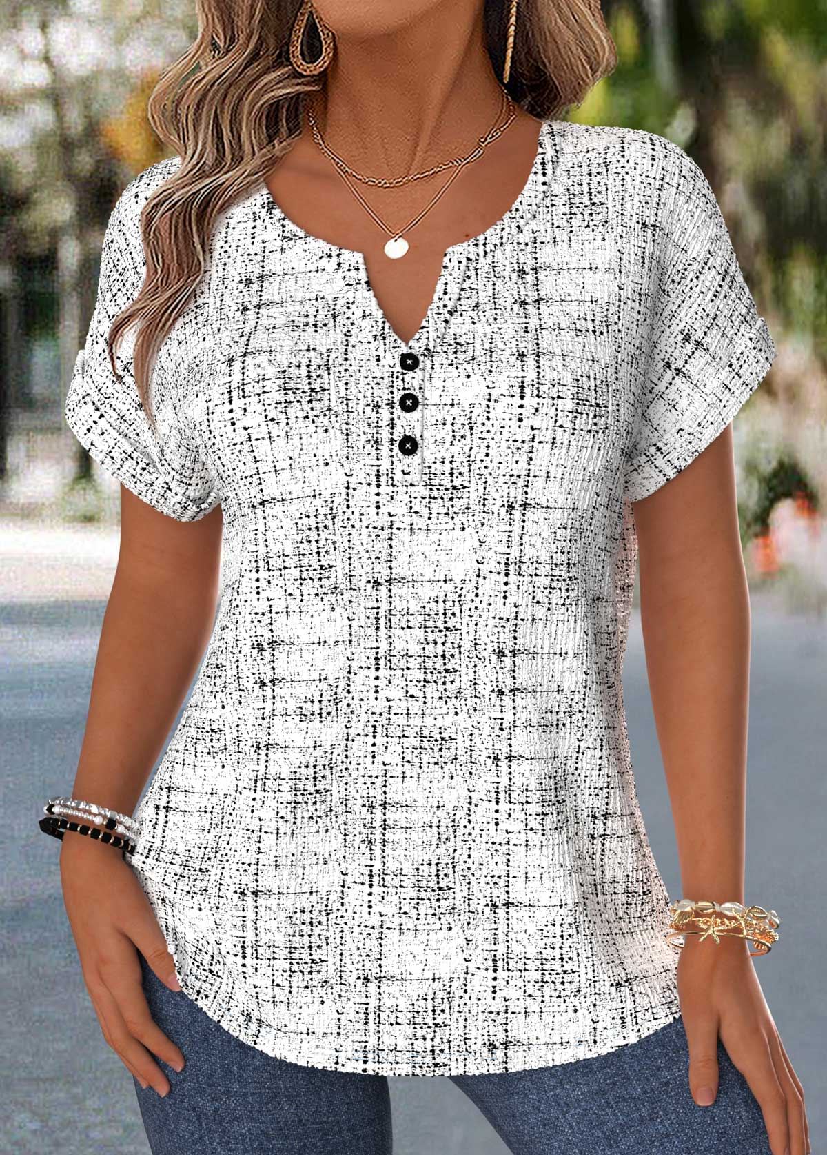 Raw White Geometric Print Tummy Coverage Short Sleeve Blouse | picture 