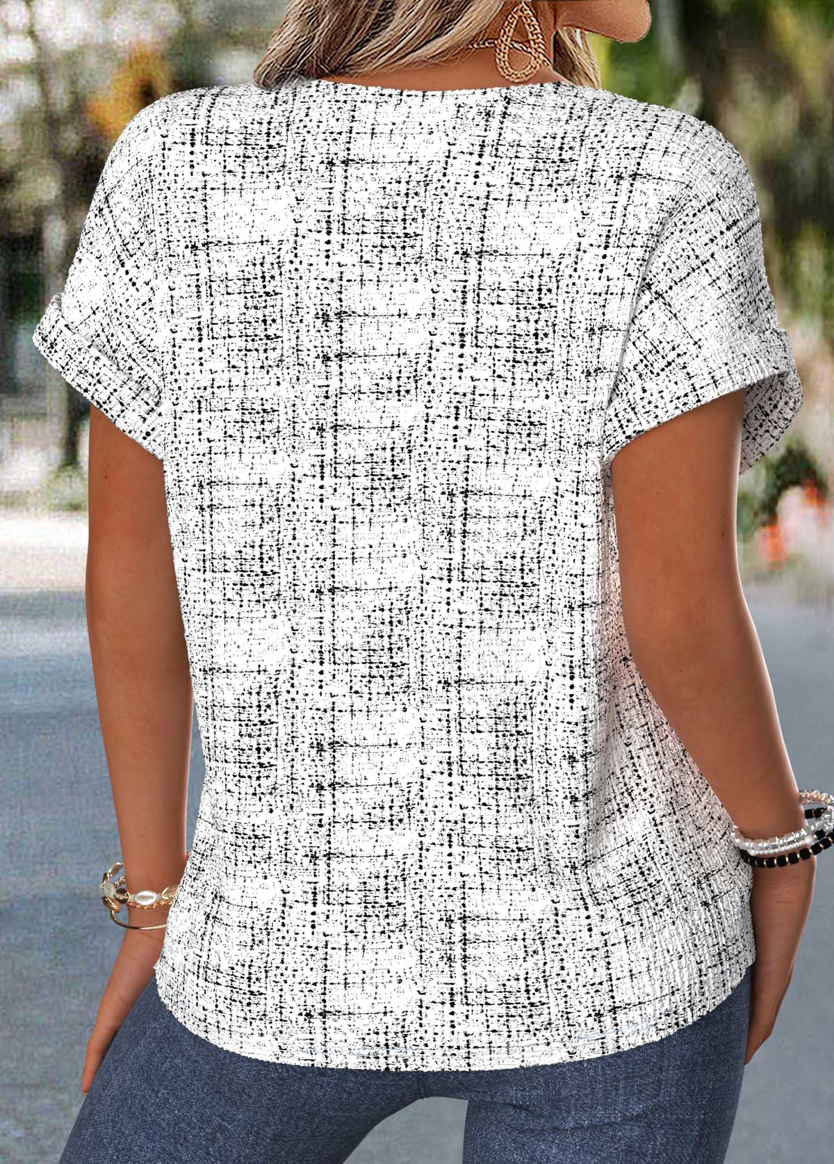 Raw White Geometric Print Tummy Coverage Short Sleeve Blouse | picture 