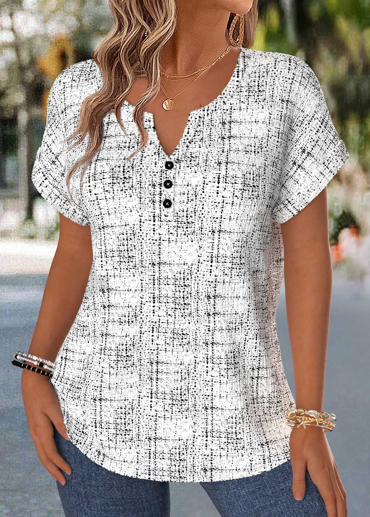 Raw White Geometric Print Tummy Coverage Short Sleeve Blouse | picture 