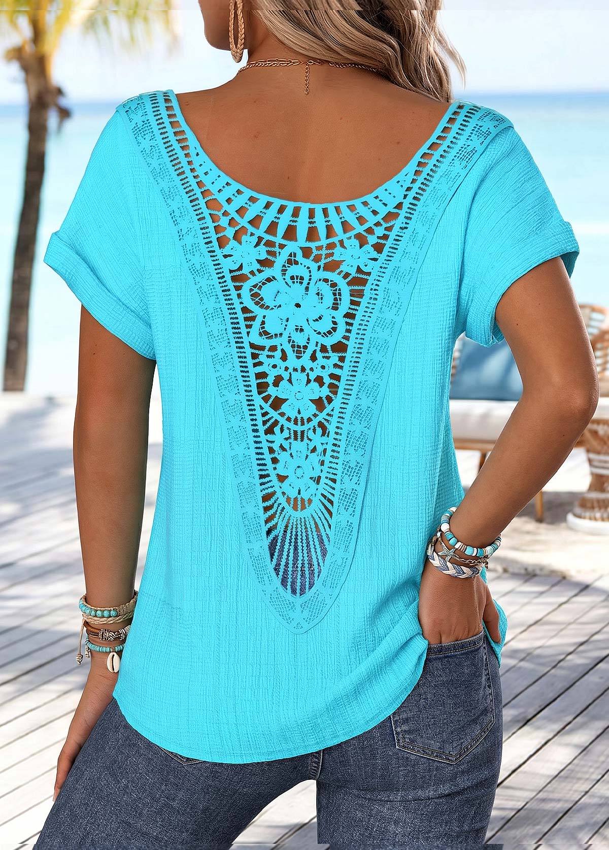 Cyan Patchwork Short Sleeve Boat Neck T Shirt | picture 