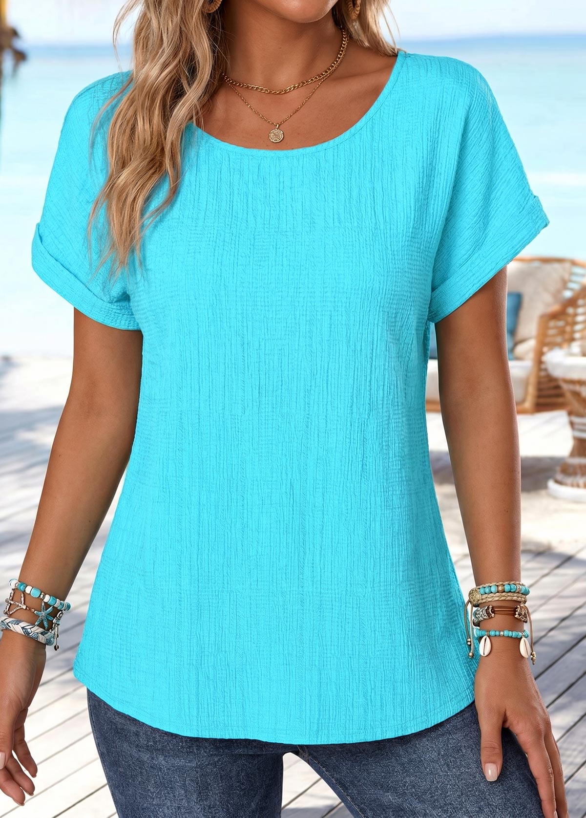 Cyan Patchwork Short Sleeve Boat Neck T Shirt | picture 