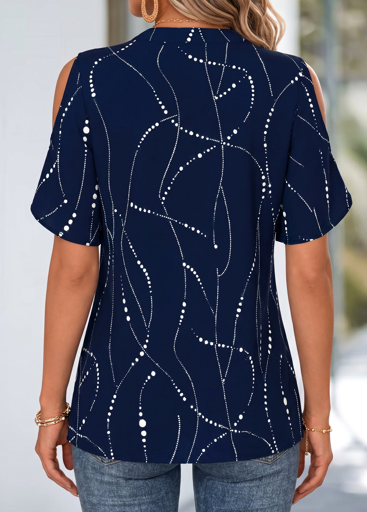 Navy Geometric Print Curved Hem Half Sleeve Blouse | picture 