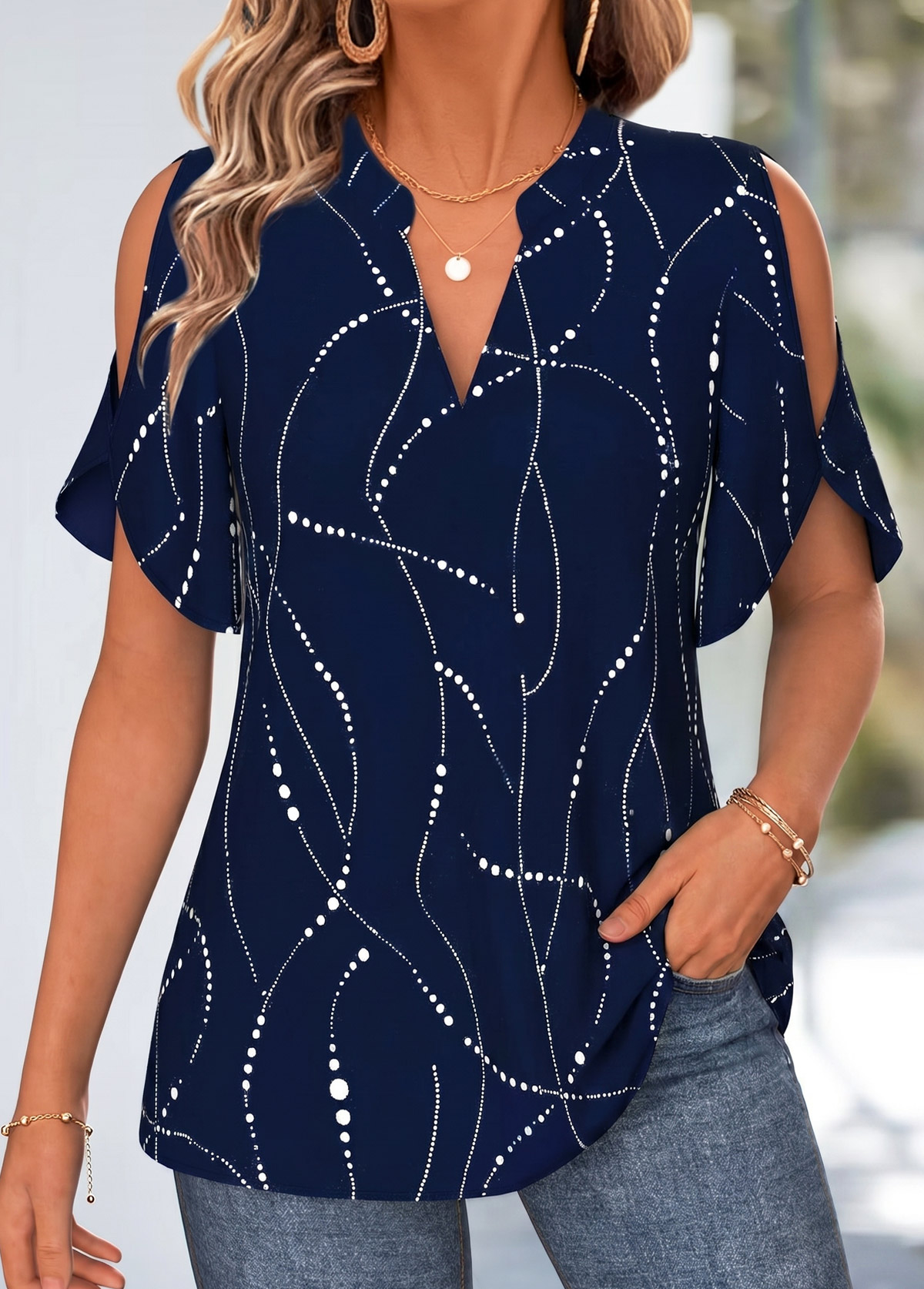 Navy Geometric Print Curved Hem Half Sleeve Blouse | picture 