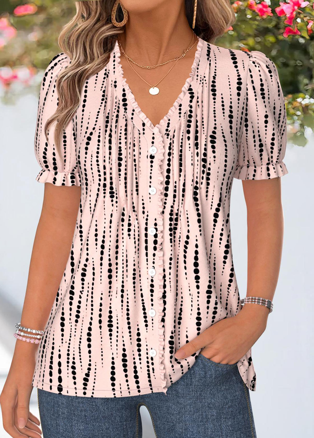 Light Pink Geometric Print Frill Short Sleeve T Shirt | picture 