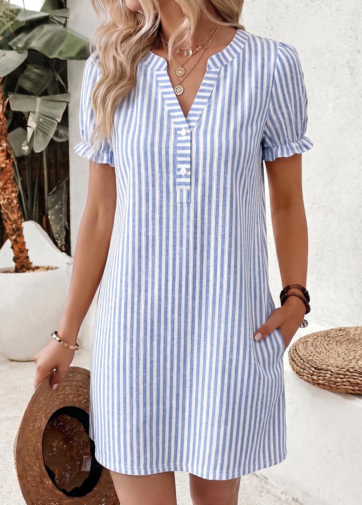 Blue Striped Short Double Side Pockets Split Neck Dress | picture 