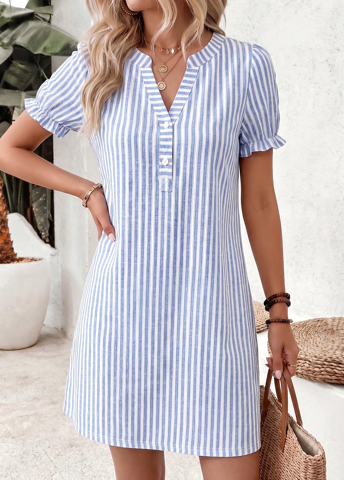 Blue Striped Short Double Side Pockets Split Neck Dress | picture 