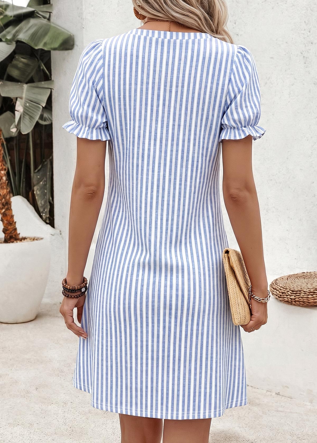 Blue Striped Short Double Side Pockets Split Neck Dress | picture 