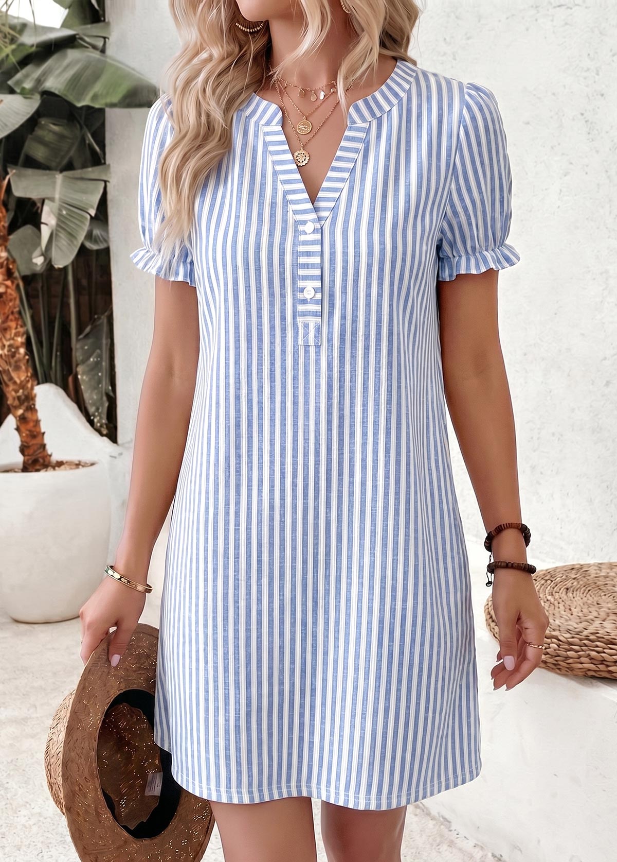Blue Striped Short Double Side Pockets Split Neck Dress | picture 