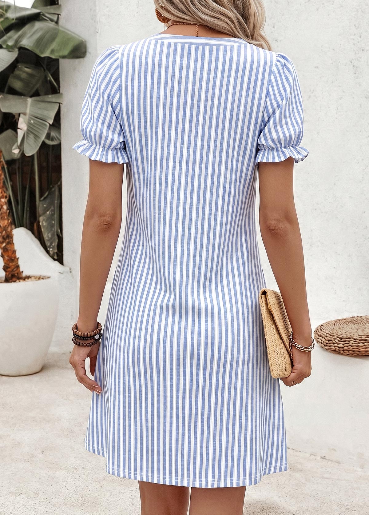 Blue Striped Short Double Side Pockets Split Neck Dress | picture 2