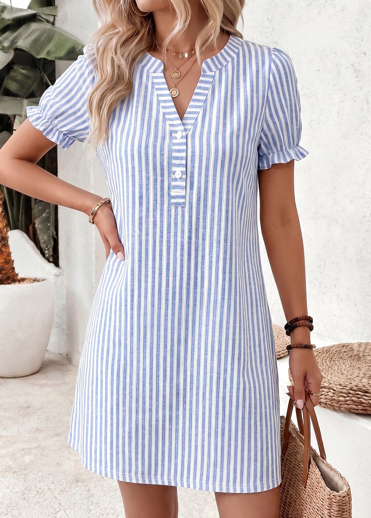 Blue Striped Short Double Side Pockets Split Neck Dress | picture 3