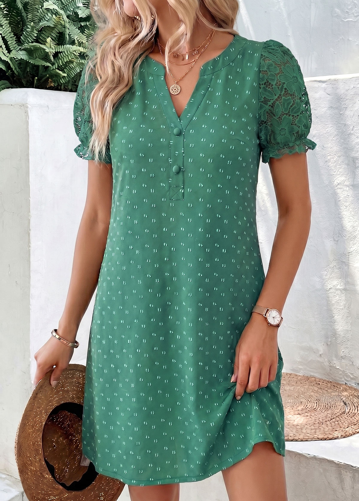 Green Short Patchwork Split Neck Dress | picture 