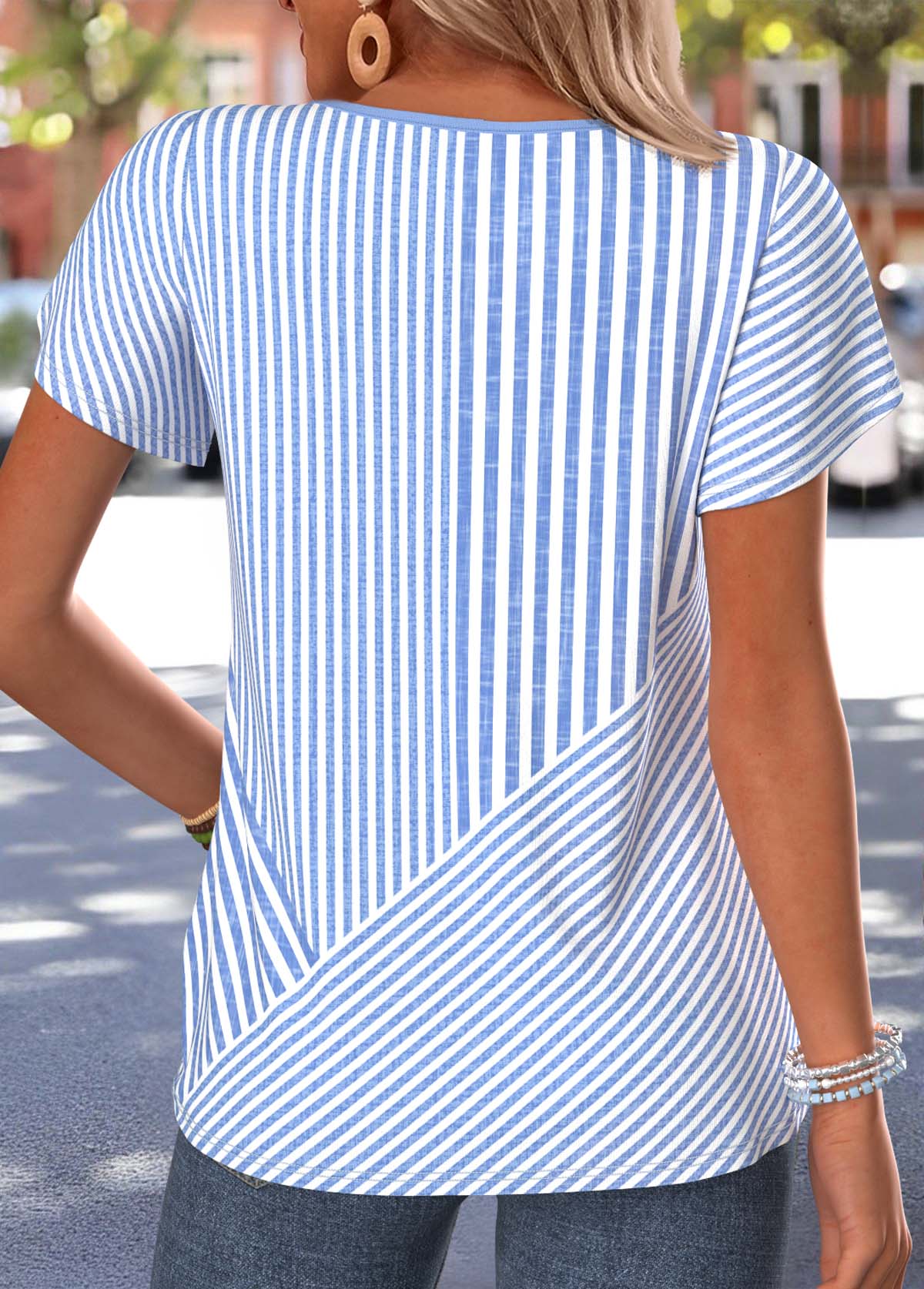 Blue Striped Eyelet Short Sleeve Split Neck T Shirt | picture 