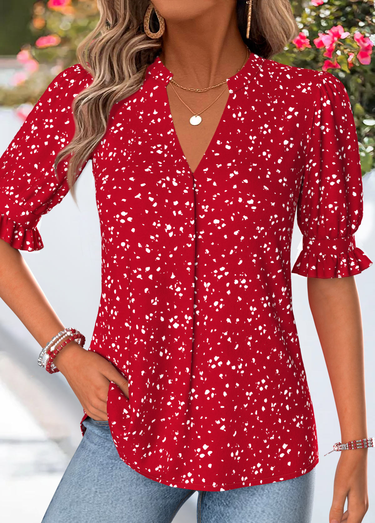 Modlily Red Geometric Print Shirred Half Sleeve Split Neck Blouse - XL