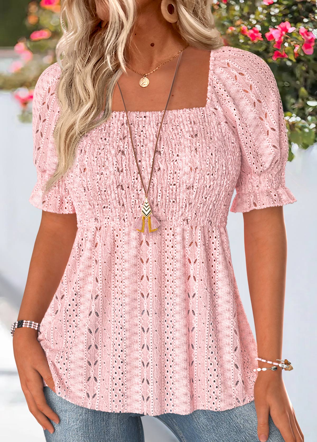 Light Pink Smocked Short Sleeve Square Neck Blouse | picture 