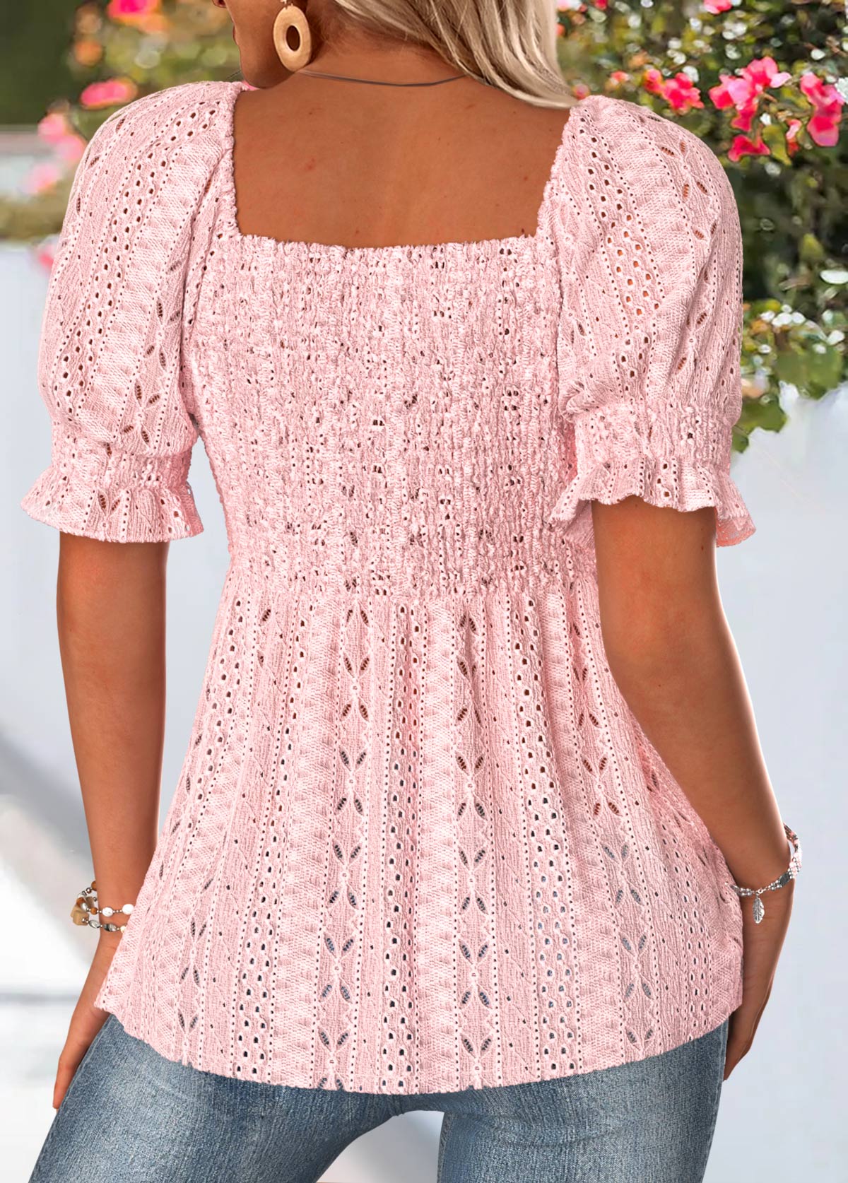 Light Pink Smocked Short Sleeve Square Neck Blouse | picture 