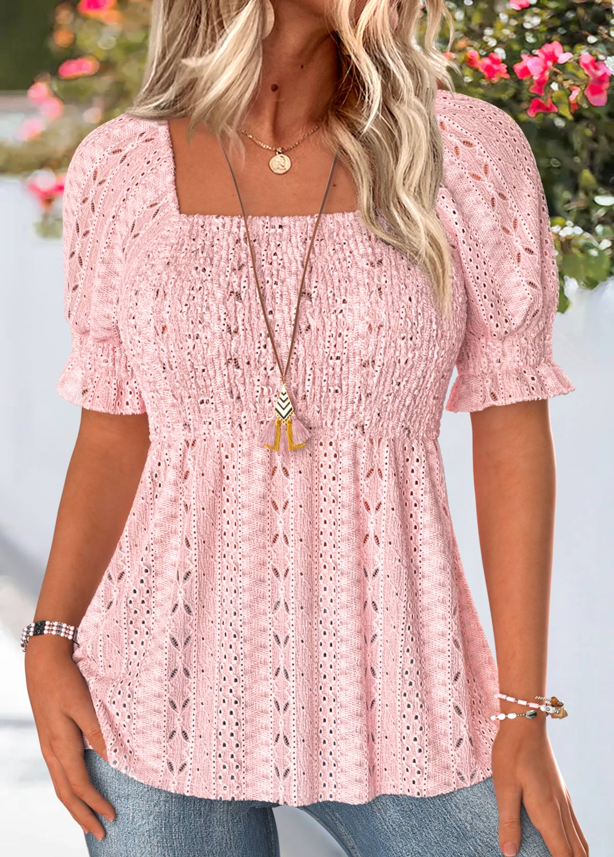 Light Pink Smocked Short Sleeve Square Neck Blouse | picture 