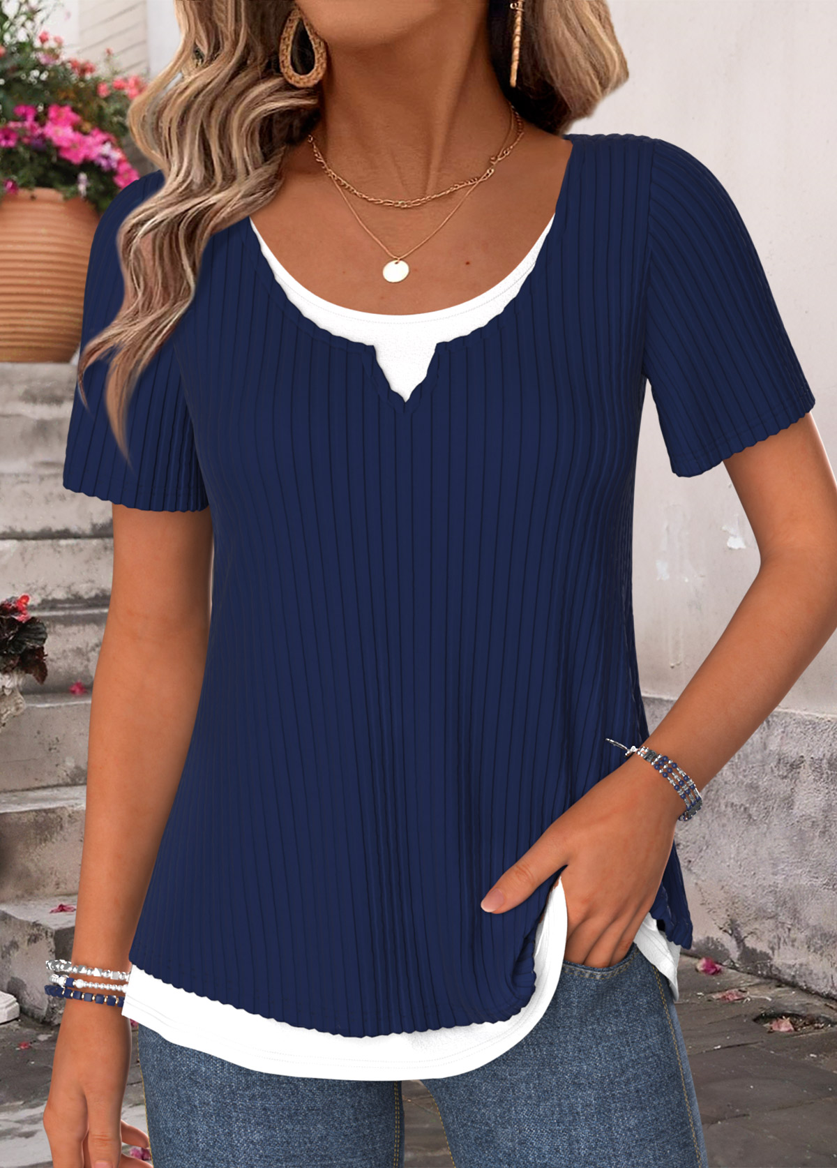 Modlily Navy Fake 2in1 Short Sleeve Round Neck T Shirt - M