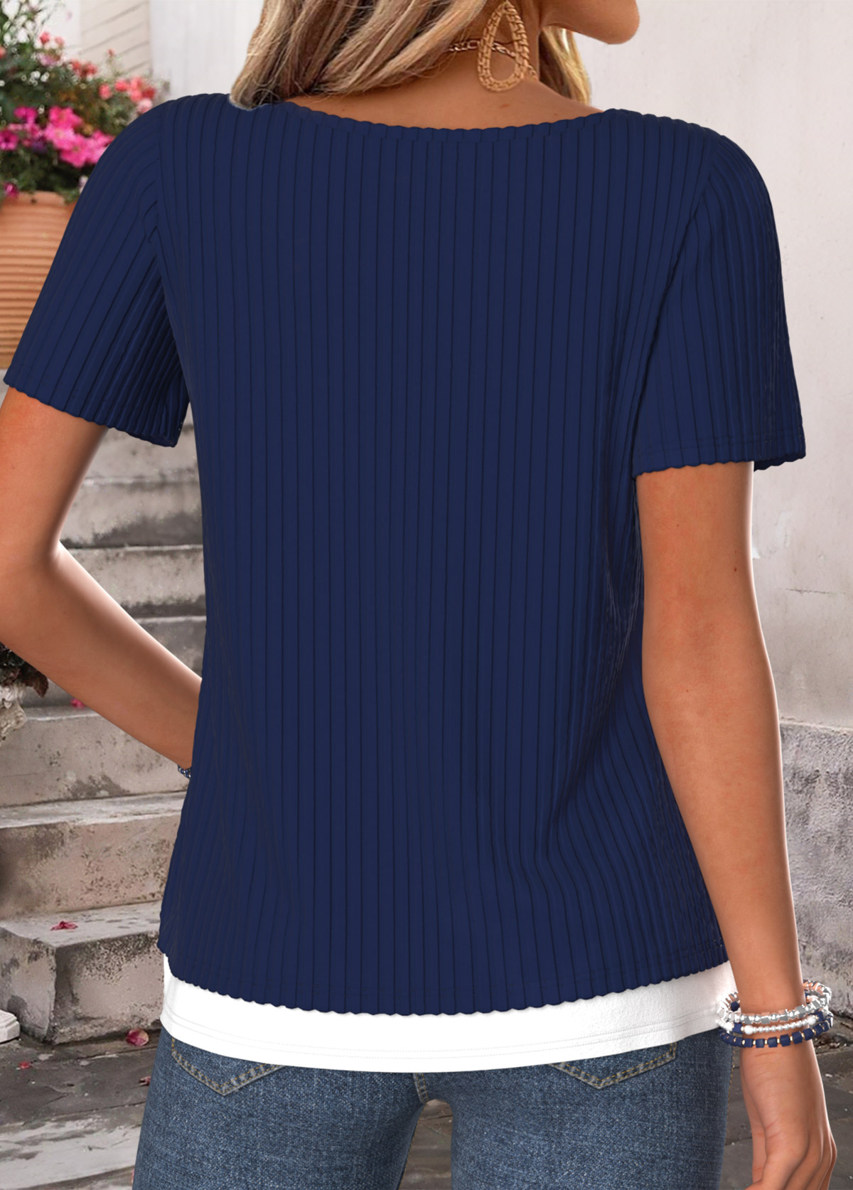 Navy Fake 2in1 Short Sleeve Round Neck T Shirt | picture 