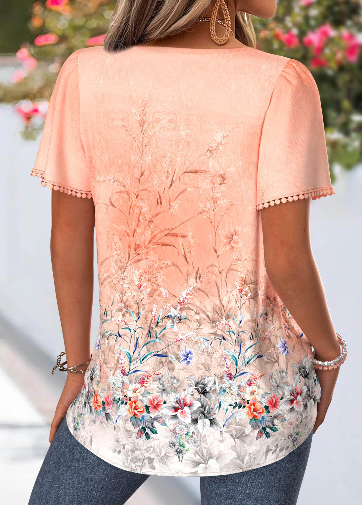 Orange Floral Print Tummy Coverage Short Sleeve Blouse | picture 2
