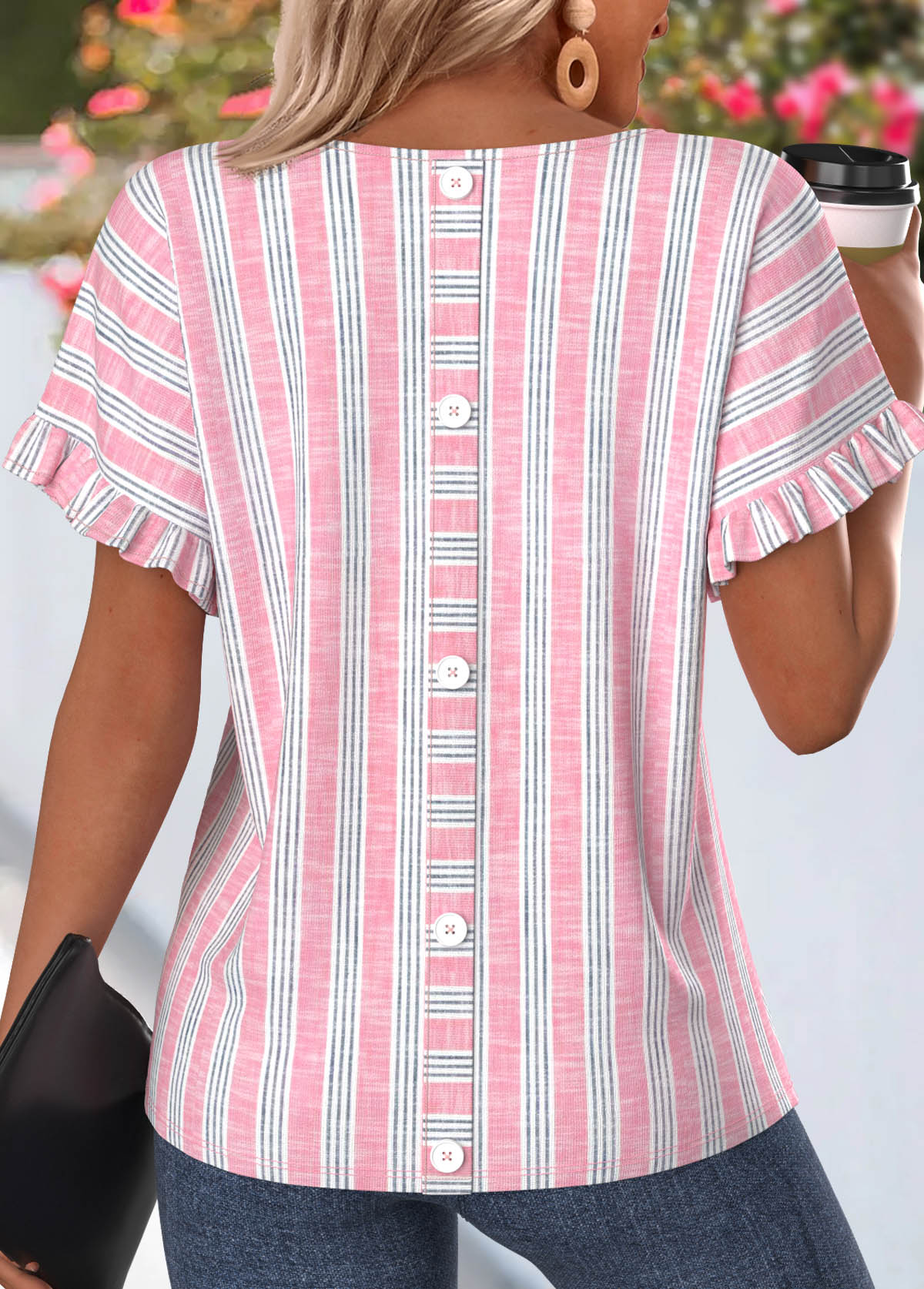 Pink Striped Frill Short Sleeve Round Neck T Shirt | picture 