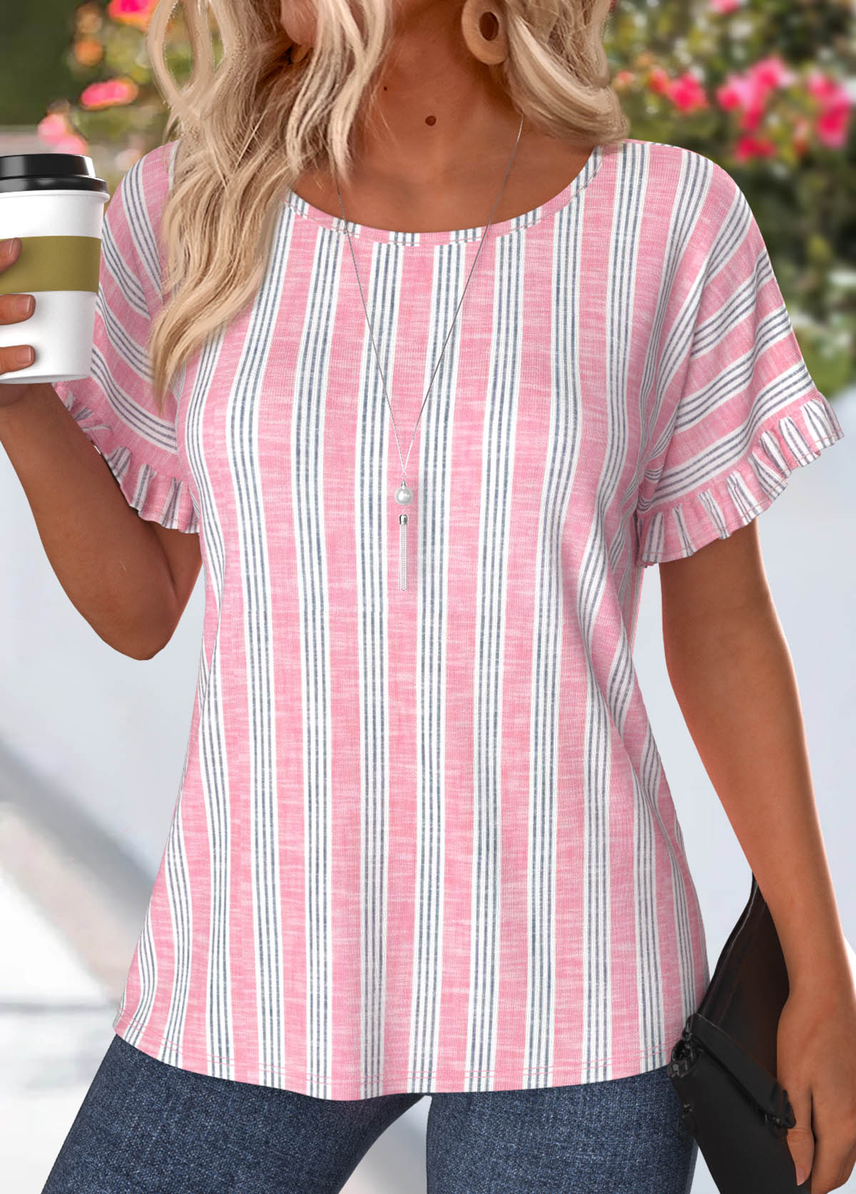 Pink Striped Frill Short Sleeve Round Neck T Shirt | picture 