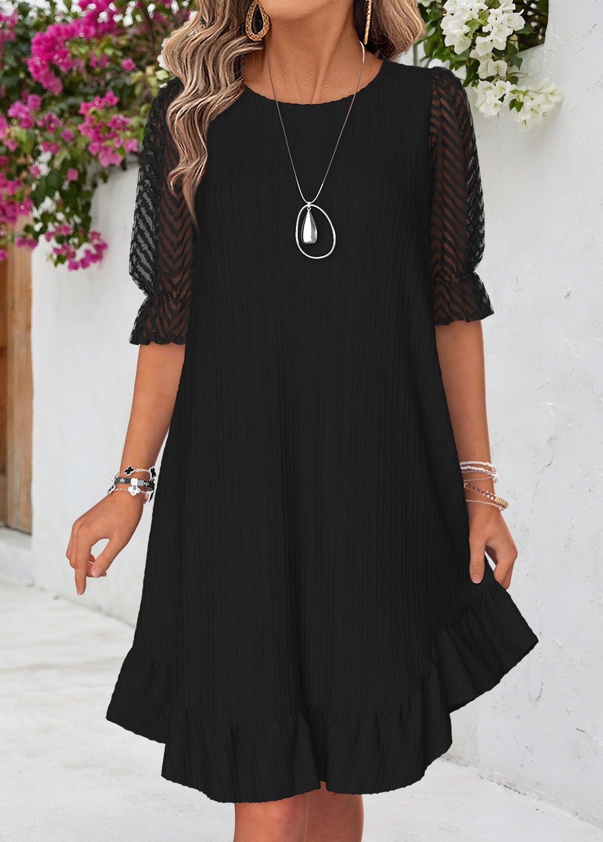 Black Patchwork Half Sleeve Round Neck Dress | picture 