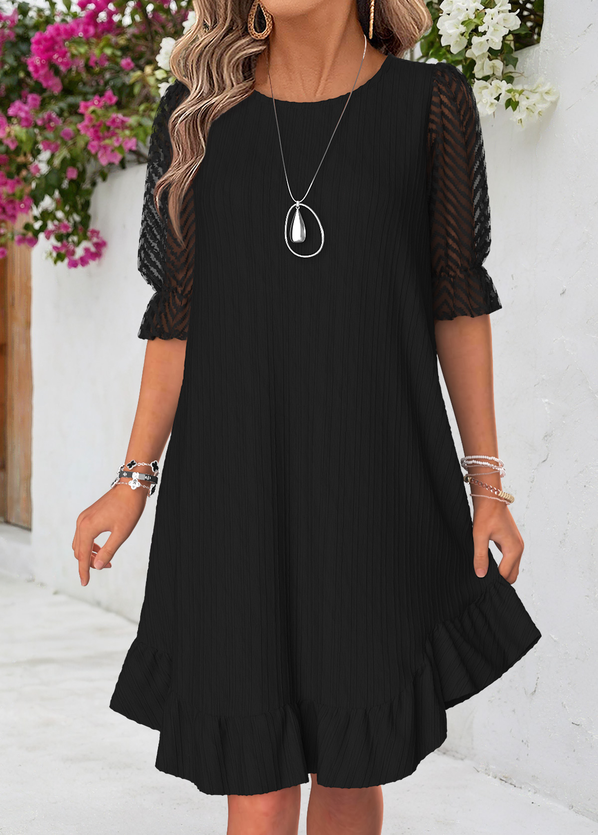 Black Patchwork Half Sleeve Round Neck Dress | picture 