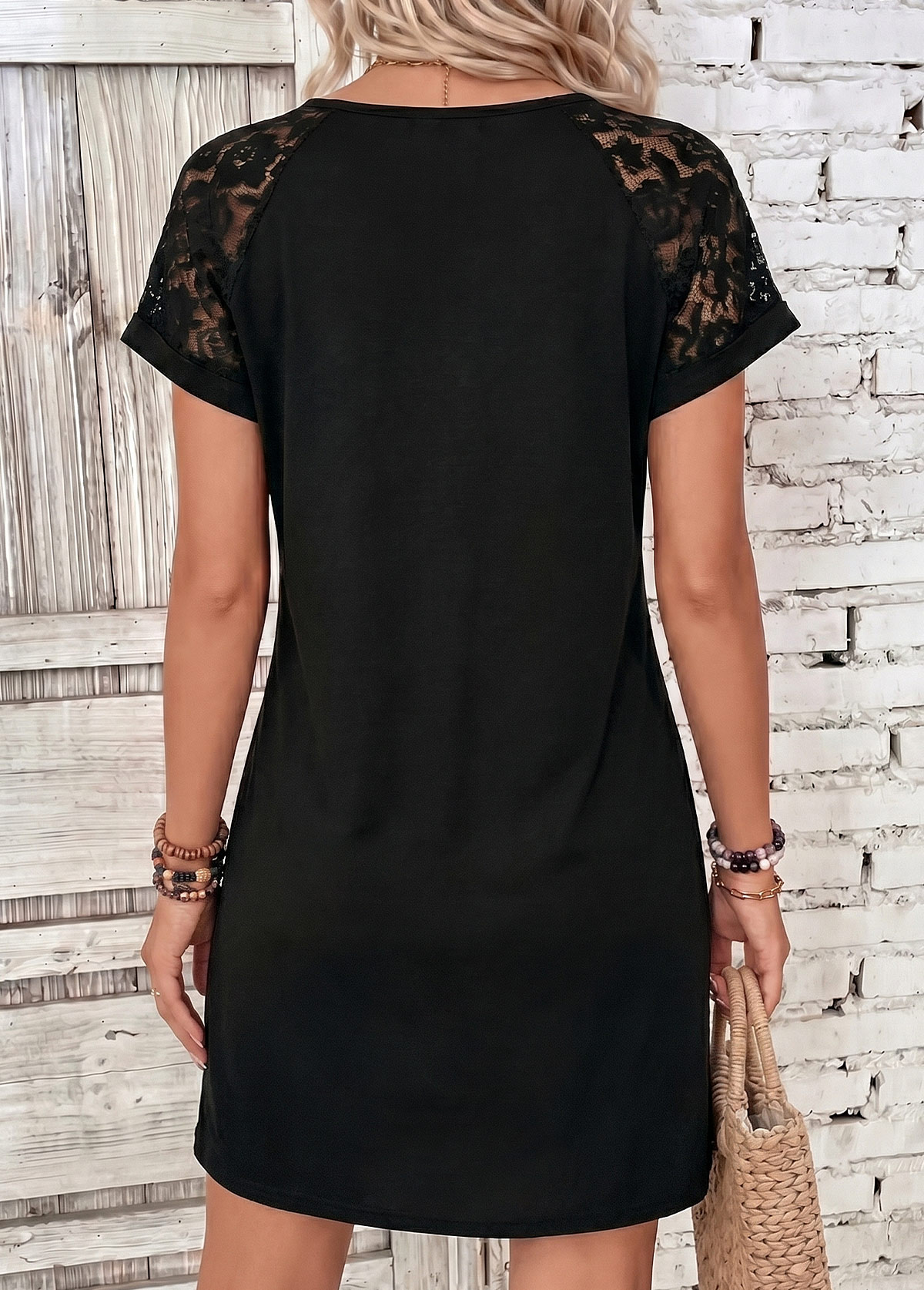 Black Short Patchwork Split Neck Dress | picture 