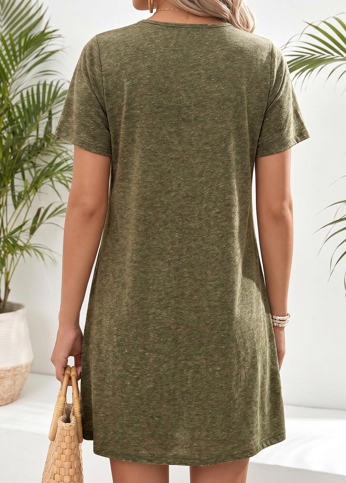Green Geometric Print Short Tummy Coverage Round Neck Dress | picture 