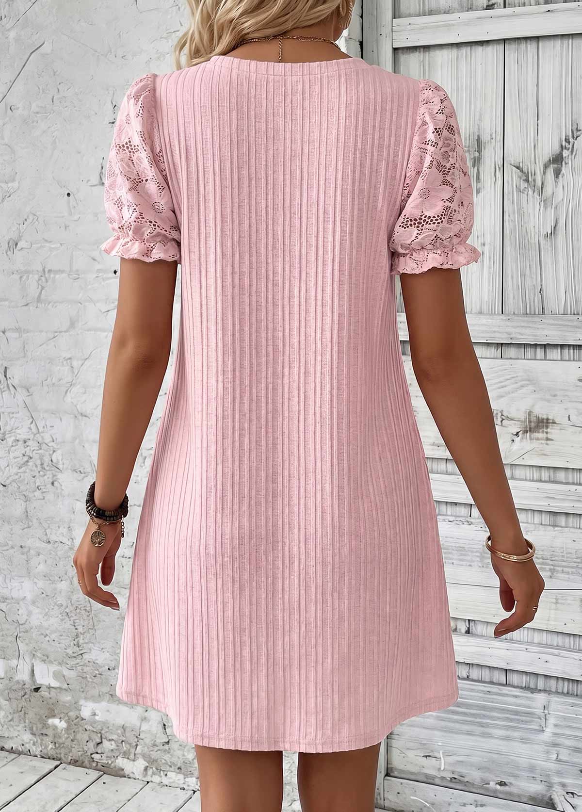 Light Pink Short Shirred Split Neck Dress | picture 