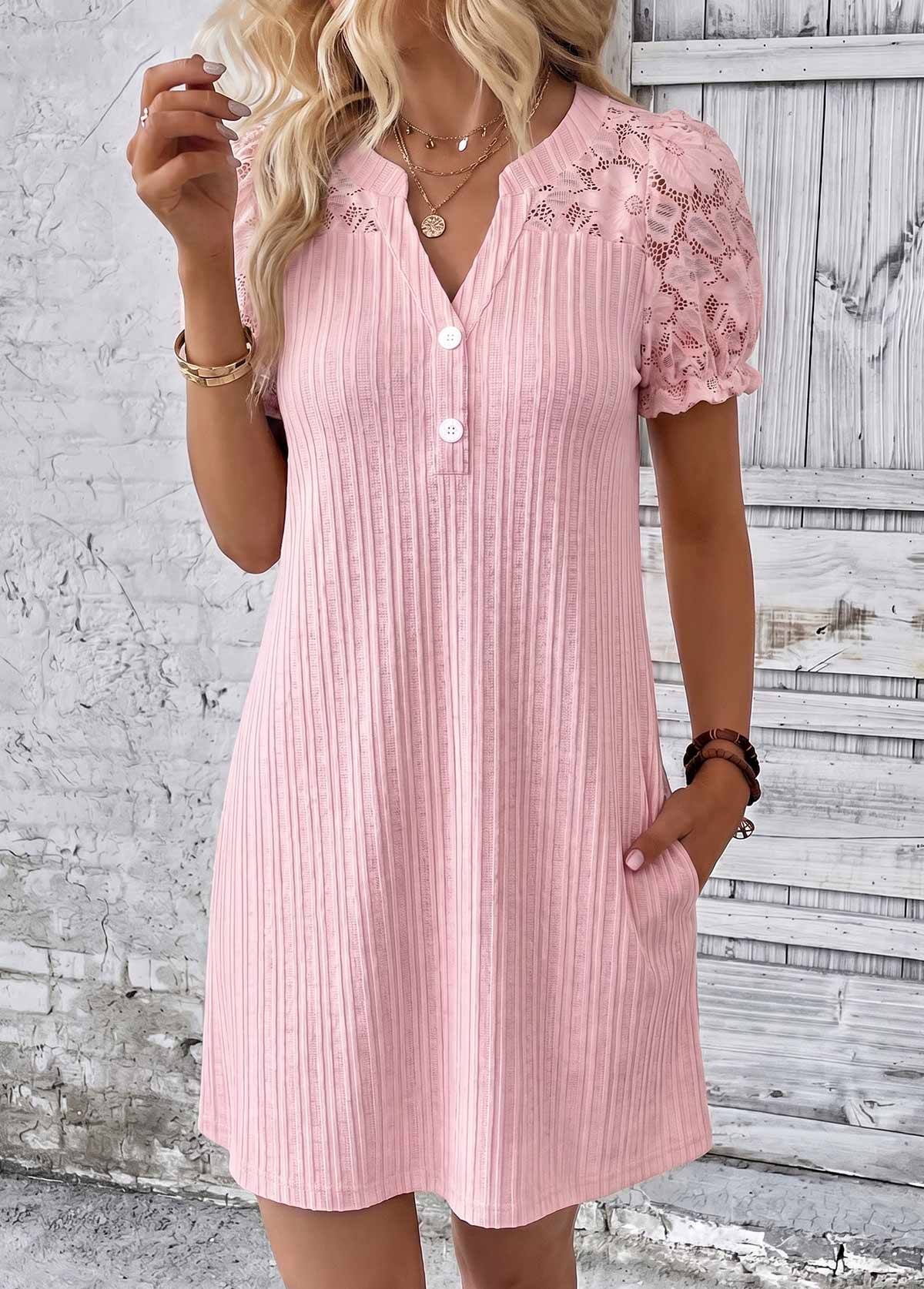 Light Pink Short Shirred Split Neck Dress | picture 