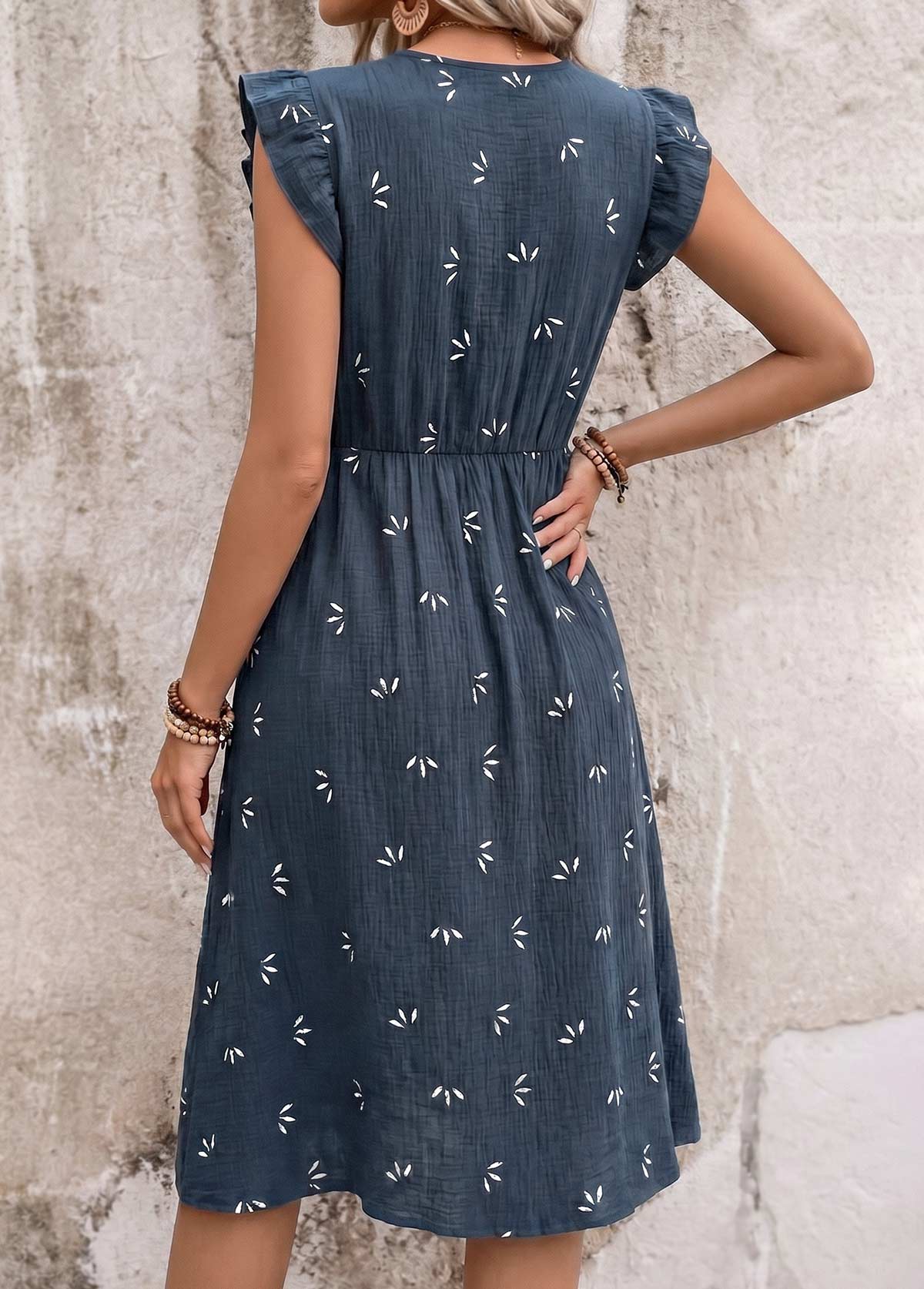 Navy Floral Print Shirred Short Sleeve V Neck Dress | picture 