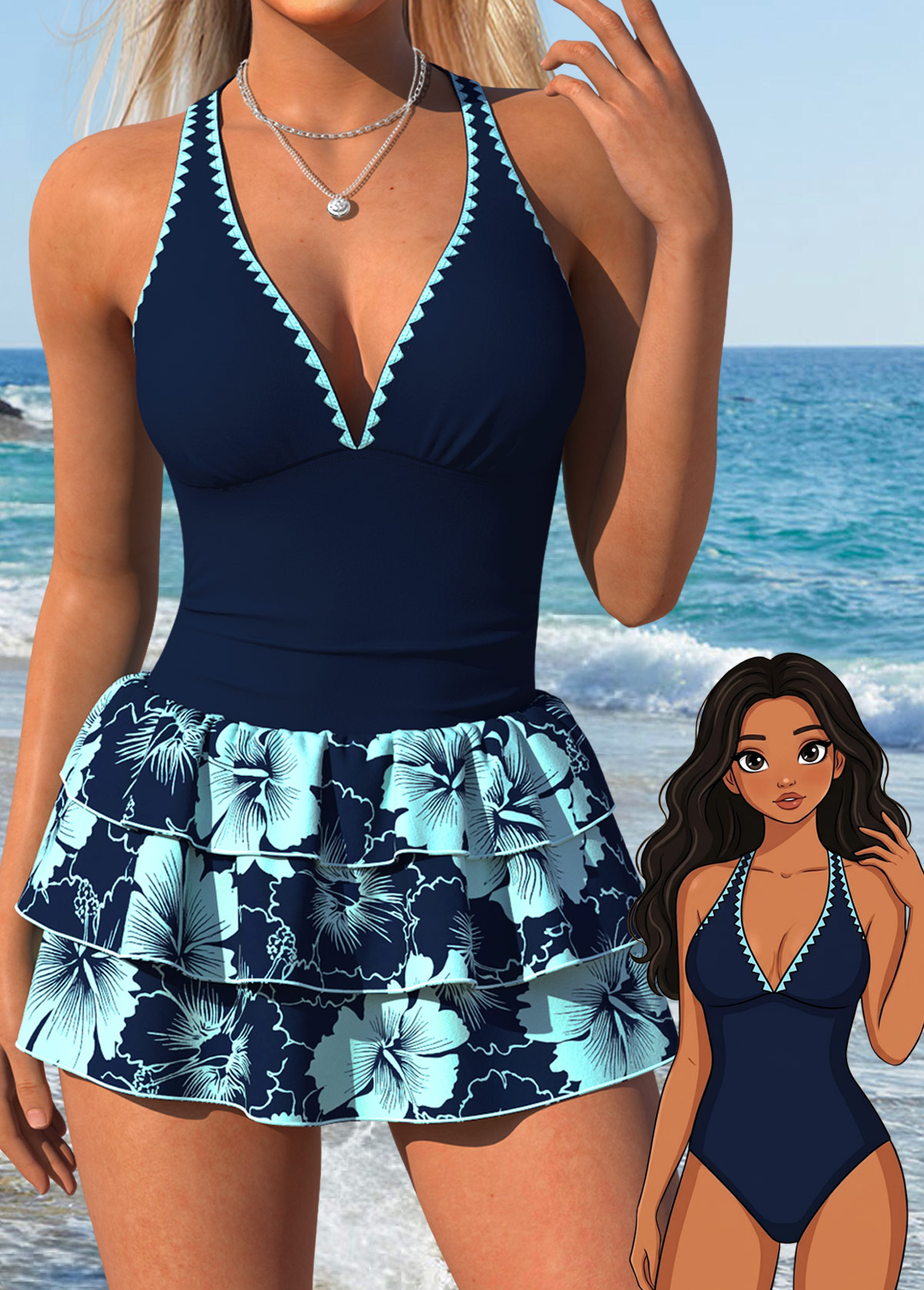 Navy Two-piece Floral Print One Piece Swimwear and Skirt | picture 