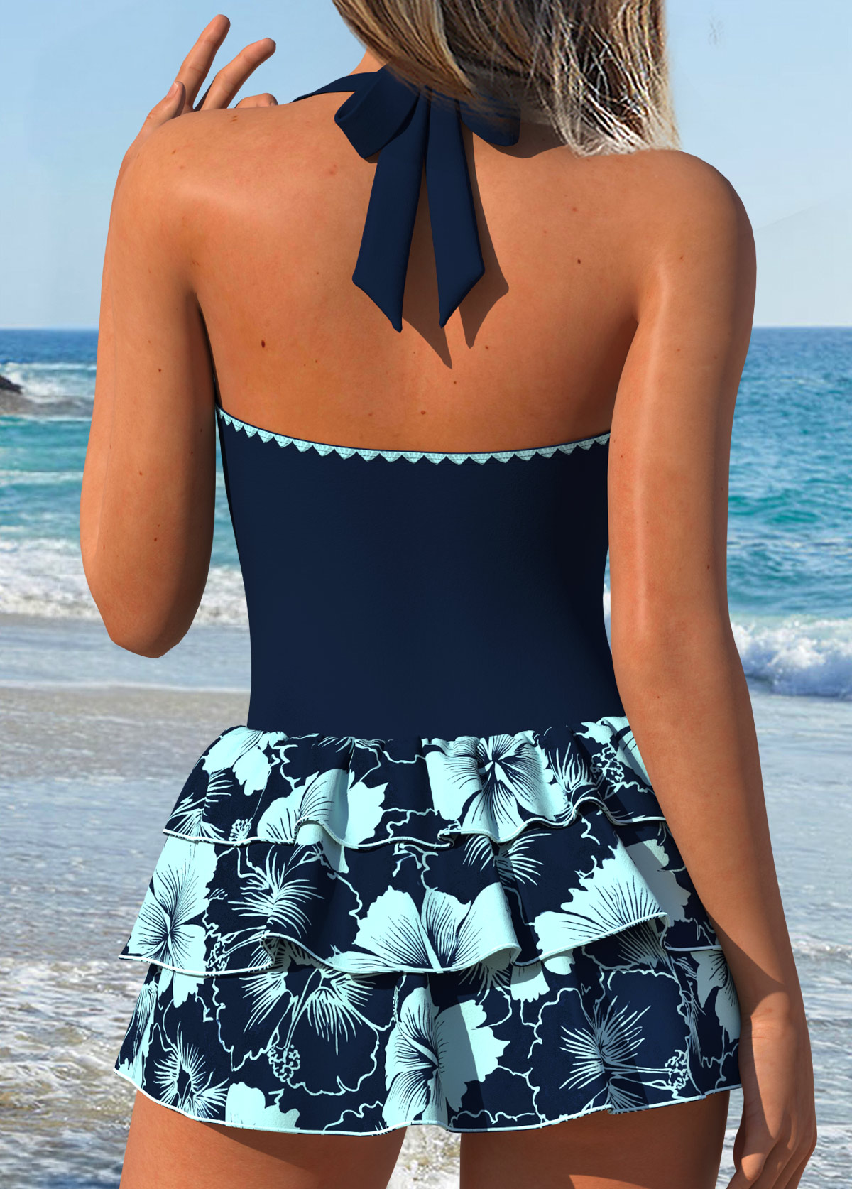 Navy Two-piece Floral Print One Piece Swimwear and Skirt | picture 