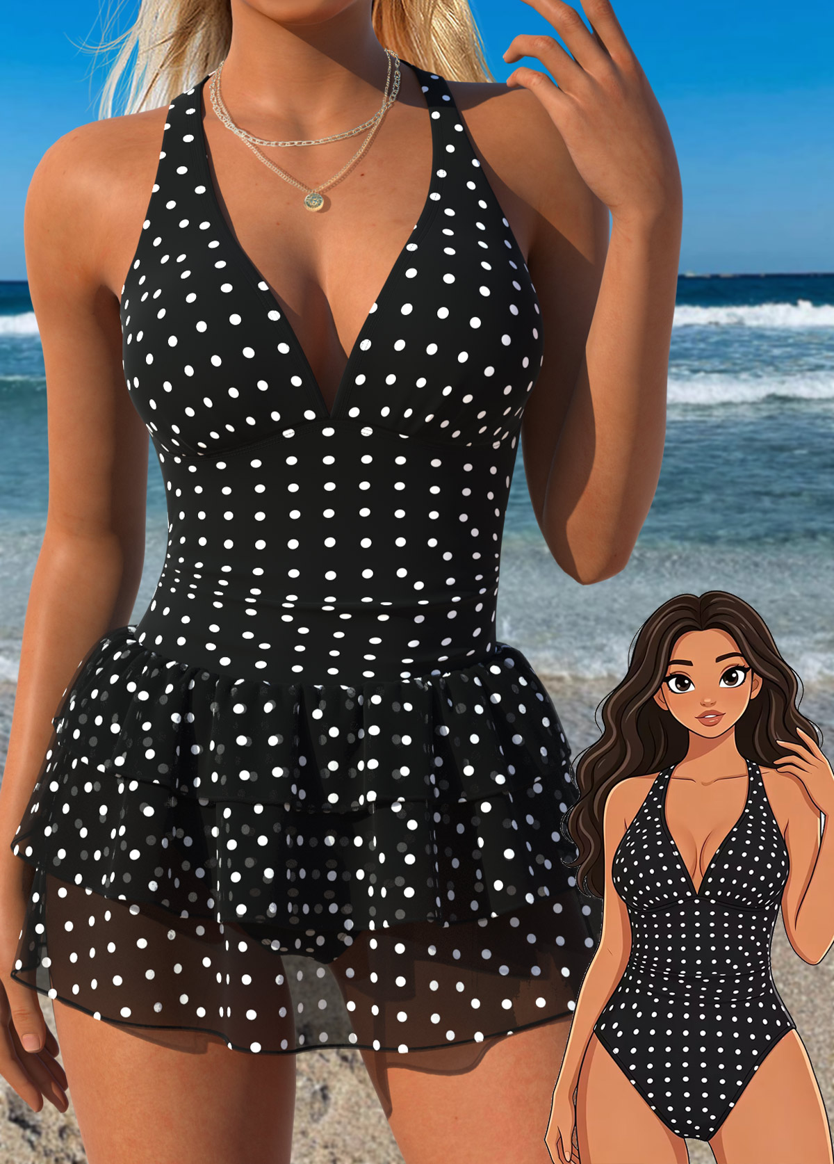Black Patchwork Polka Dot One Piece Swimwear and Skirt | picture 