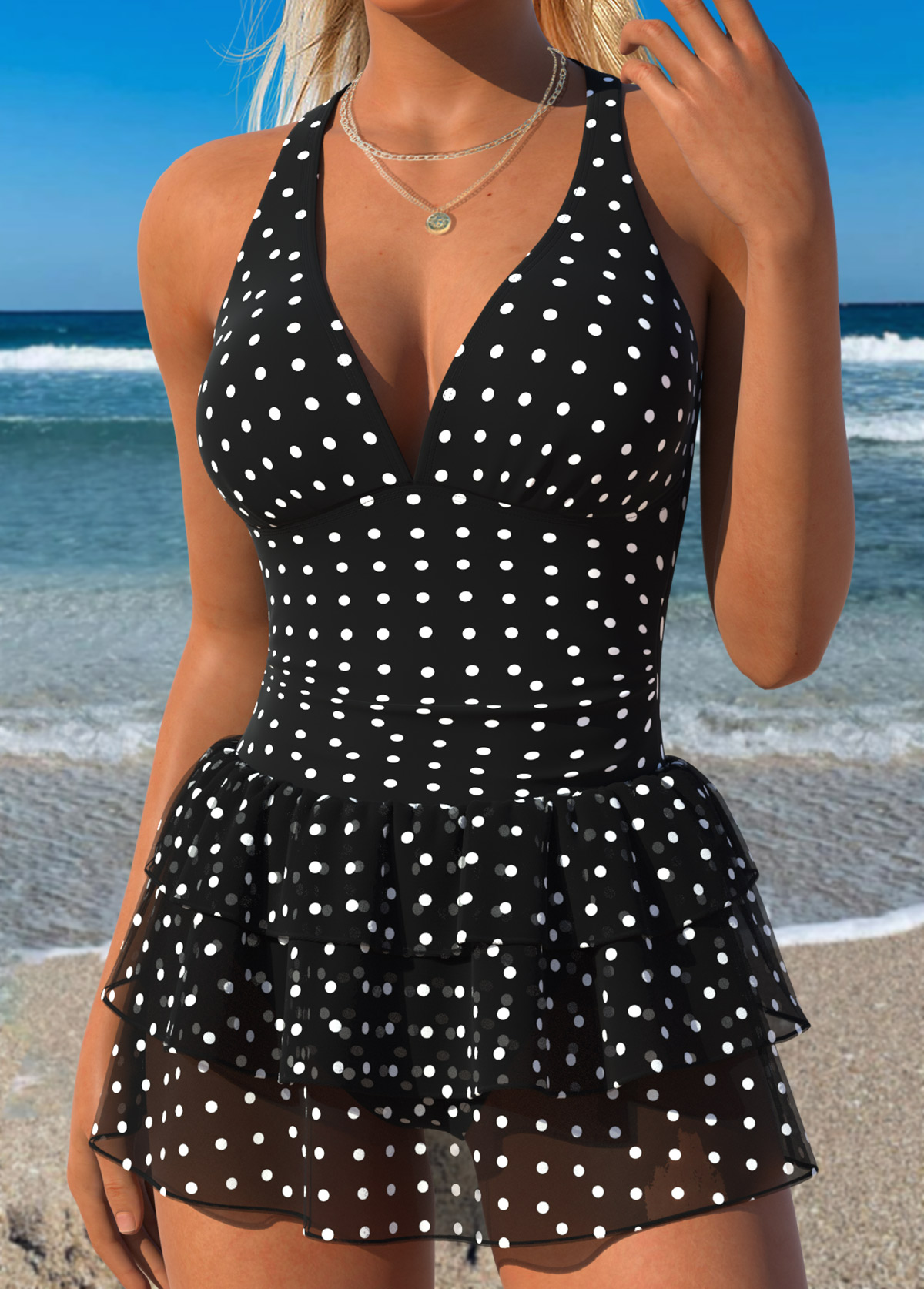 Black Patchwork Polka Dot One Piece Swimwear and Skirt | picture 