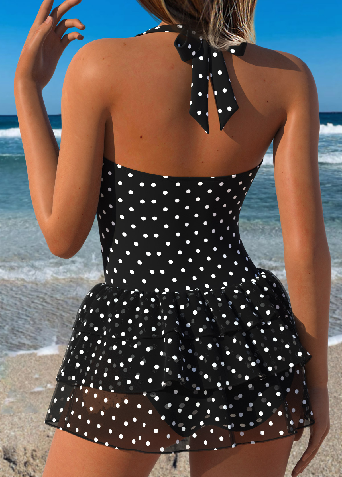 Black Patchwork Polka Dot One Piece Swimwear and Skirt | picture 
