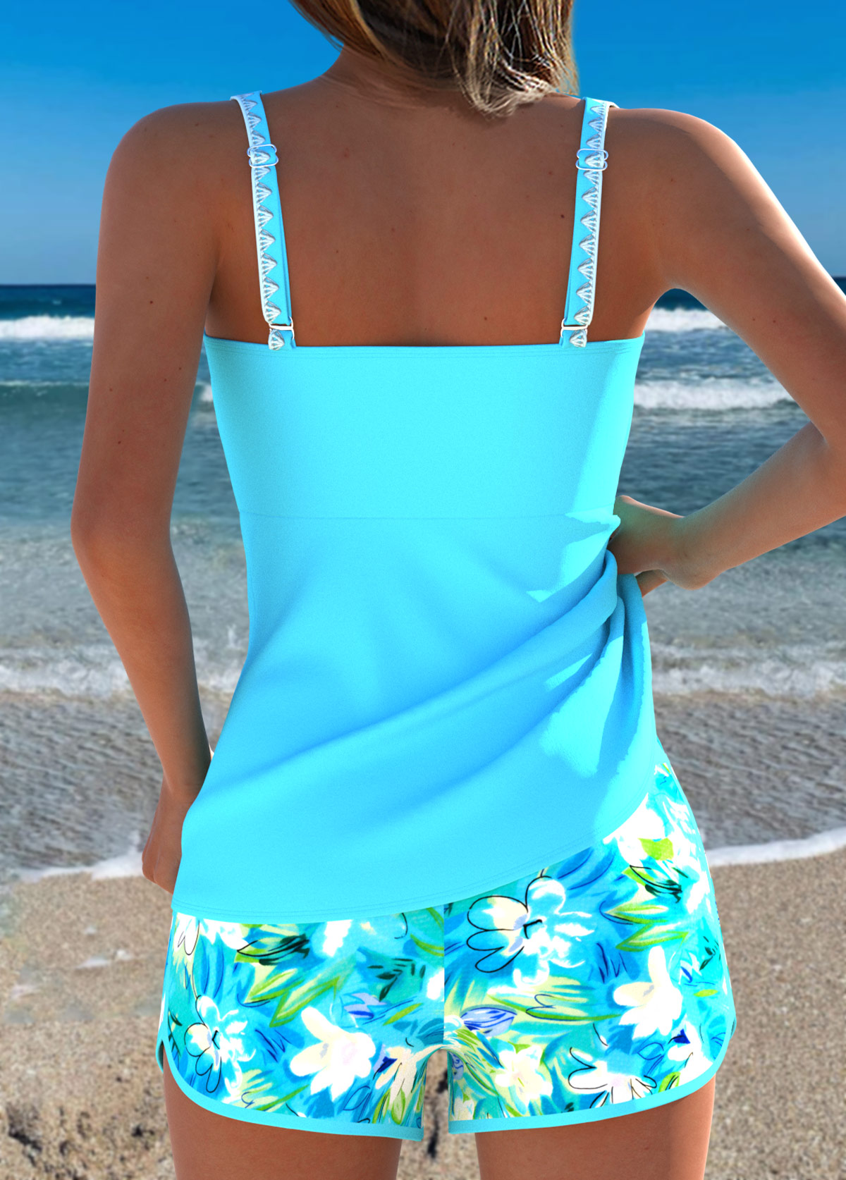 Blue Mid Waisted Two-piece Floral Print Tankini Set | picture 