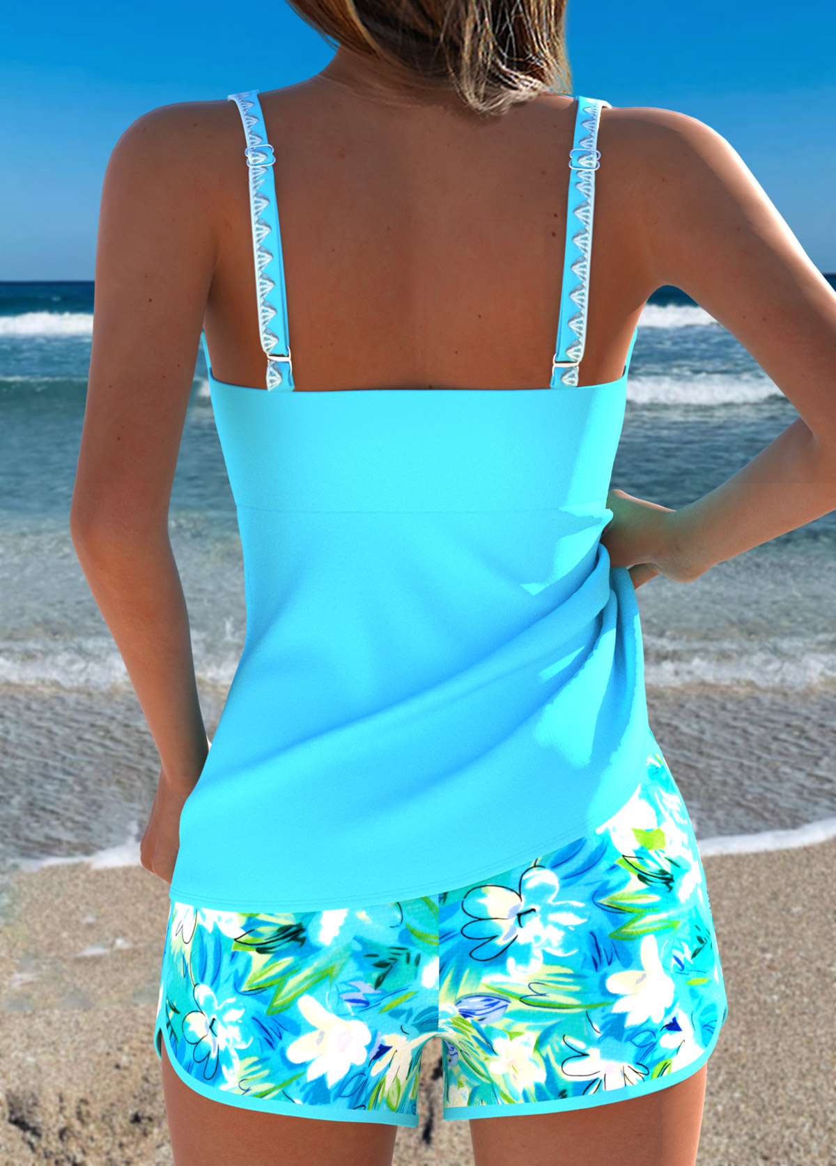 Blue Mid Waisted Two-piece Floral Print Tankini Set | picture 