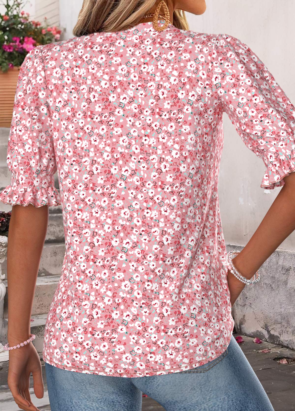 Pink Ditsy Floral Print Shirred Half Sleeve Blouse | picture 