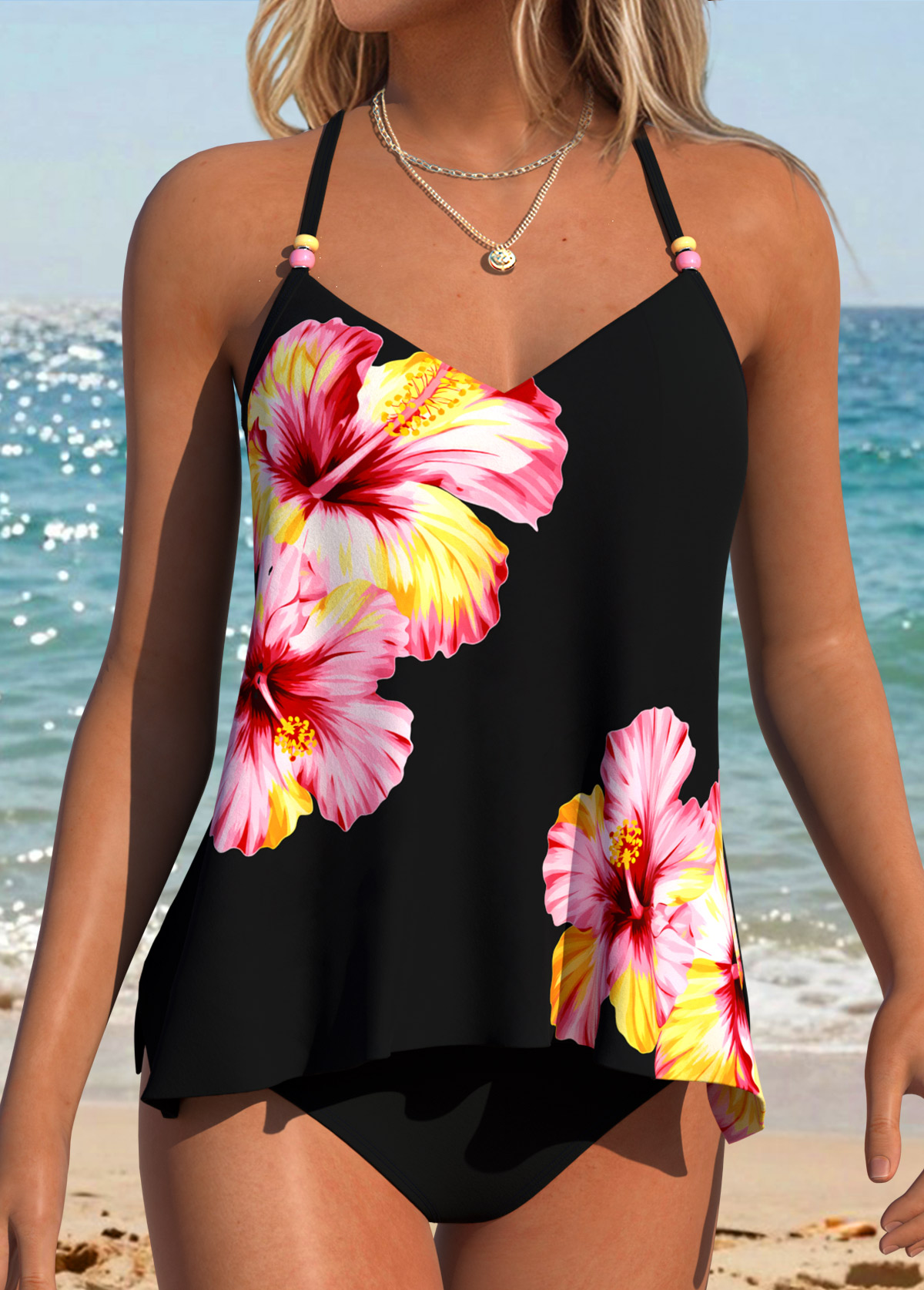 Black Tummy Coverage Floral Print Tankini Top-No Bottom | picture 