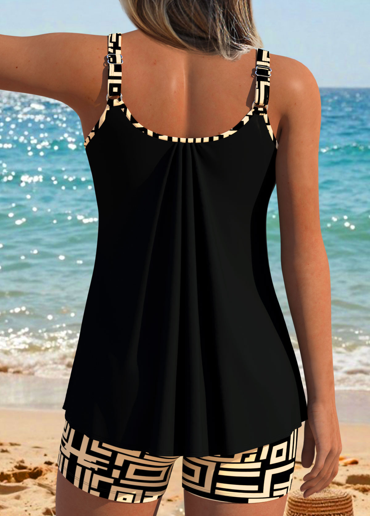 Black Mid Waisted Lace Up Geometric Print Tankini Set | picture 
