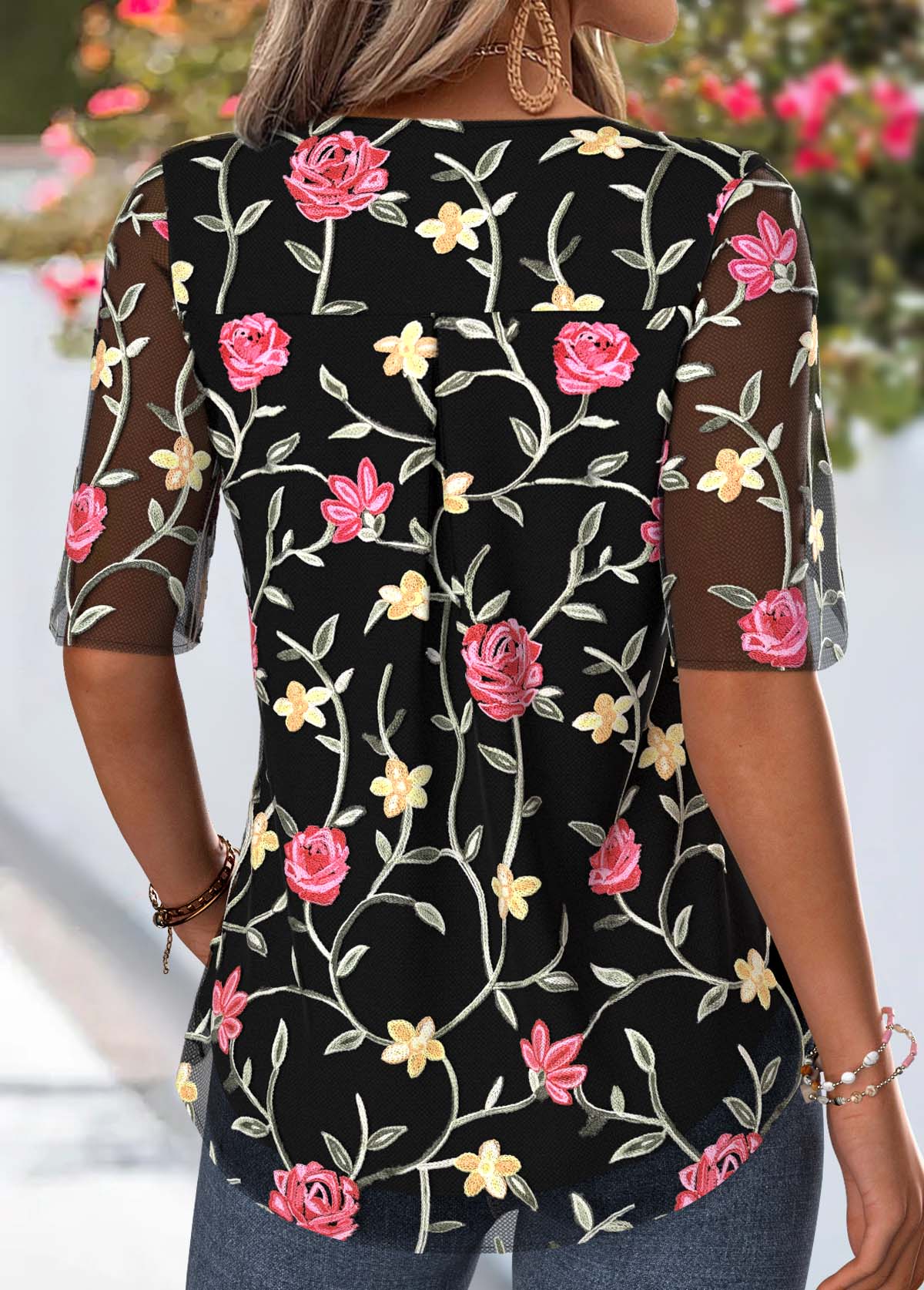 Black Floral Print Ruffle Half Sleeve V Neck Blouse | picture 