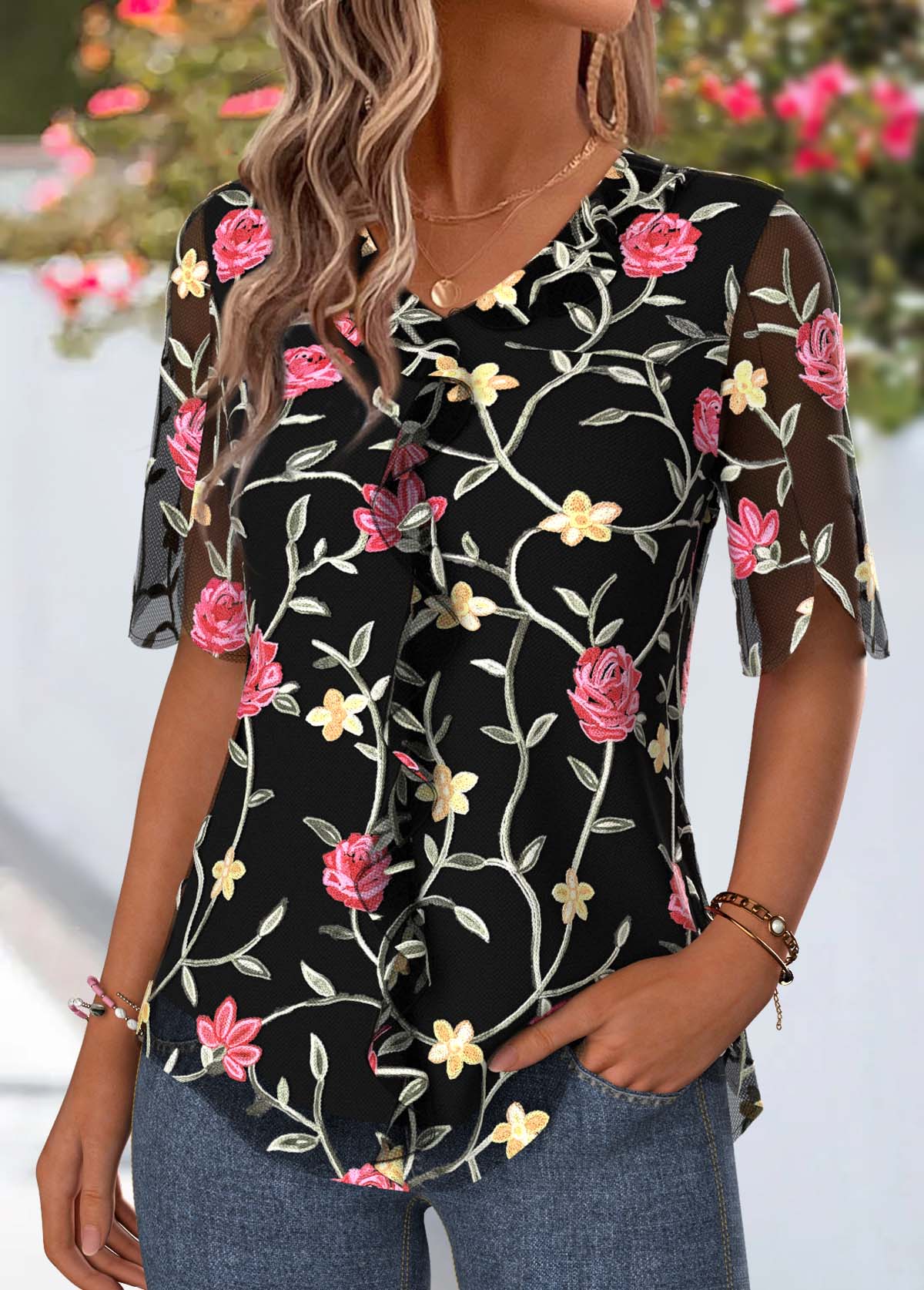 Black Floral Print Ruffle Half Sleeve V Neck Blouse | picture 