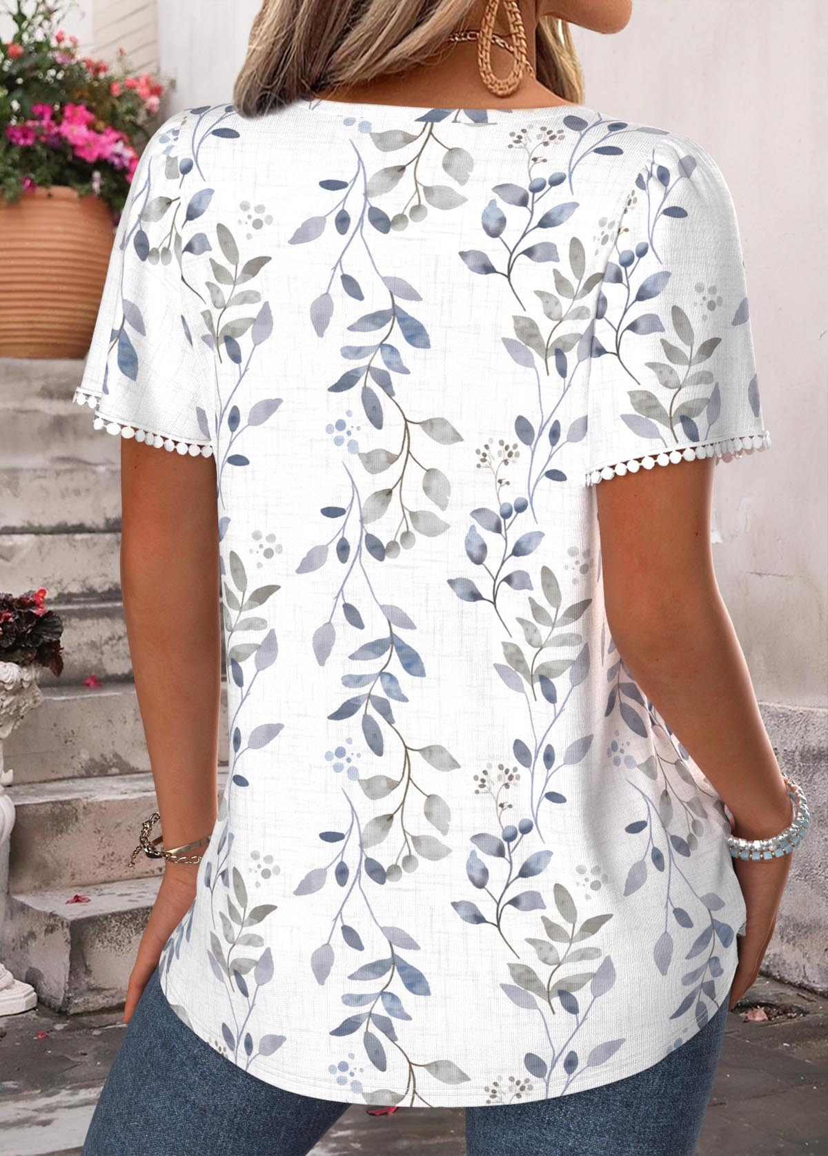 White Leaf Print Tummy Coverage Short Sleeve Blouse | picture 