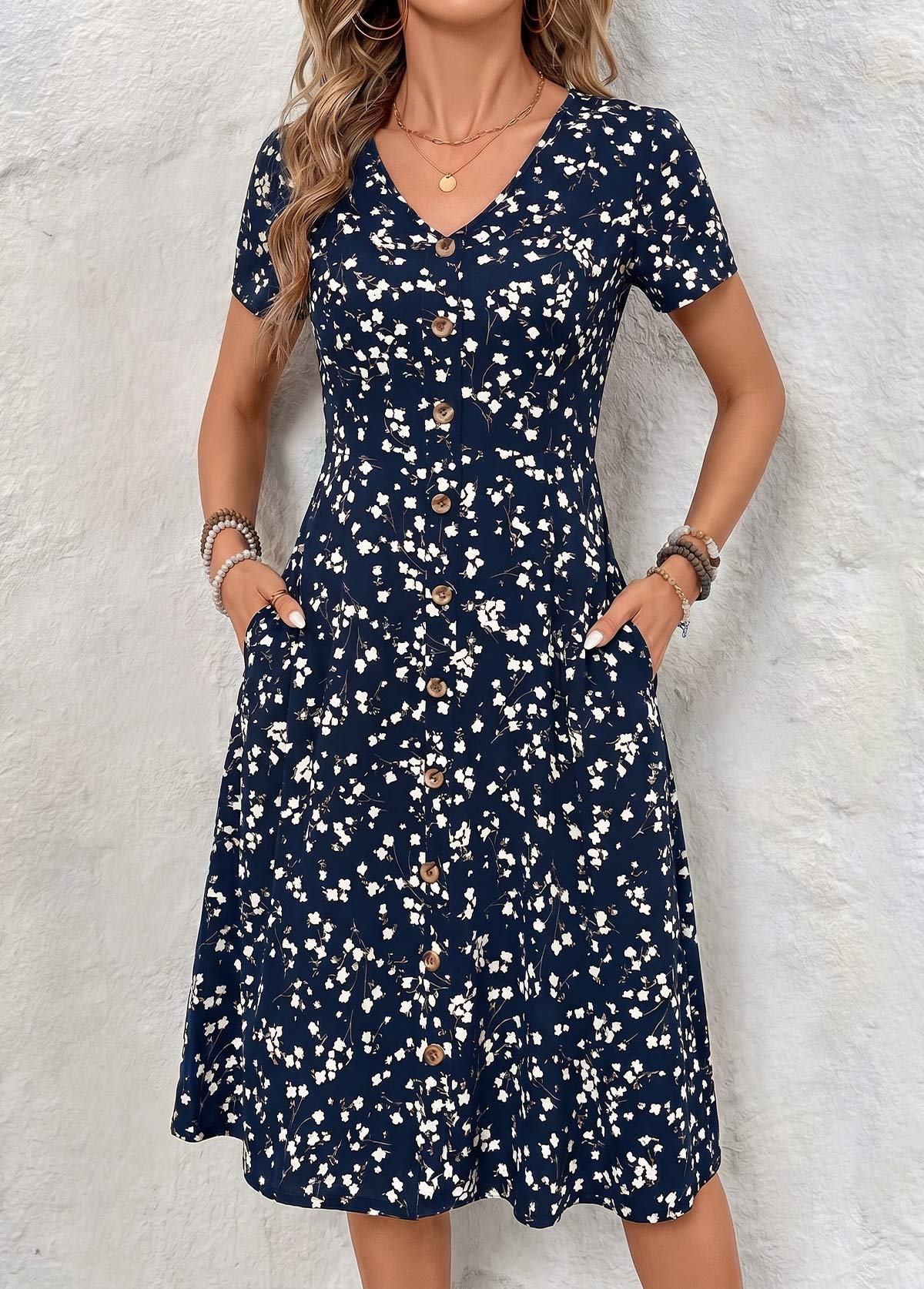 Navy Floral Print Tummy Coverage Short Sleeve Dress | picture 