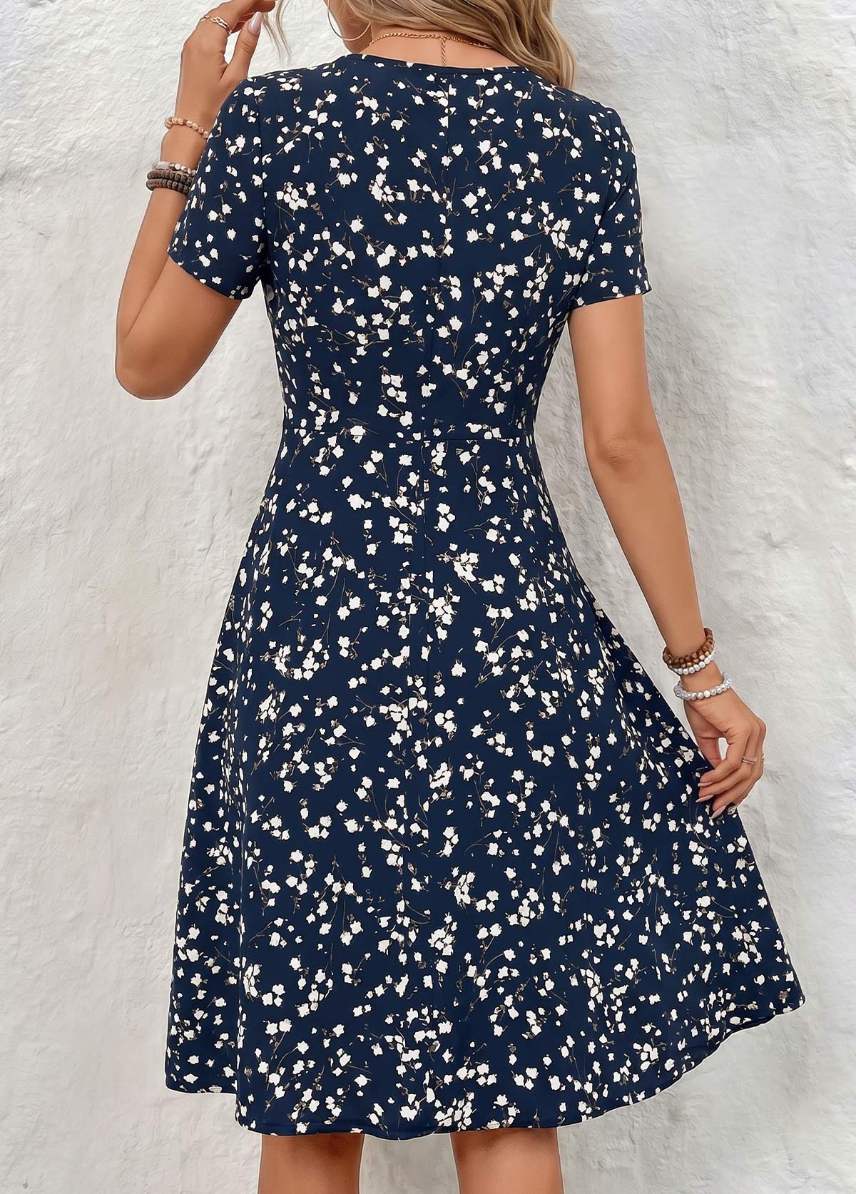 Navy Floral Print Tummy Coverage Short Sleeve Dress | picture 