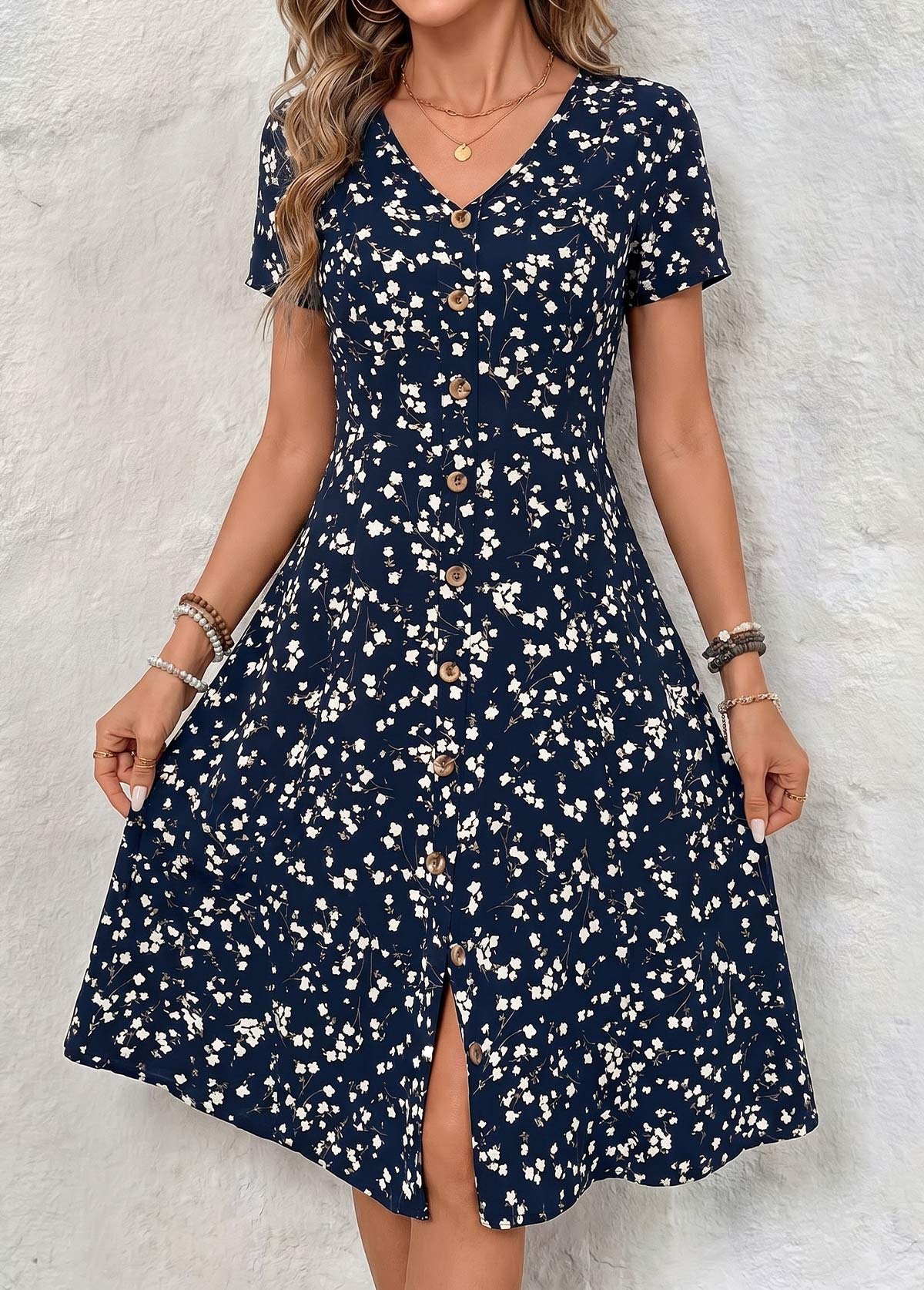 Navy Floral Print Tummy Coverage Short Sleeve Dress | picture 