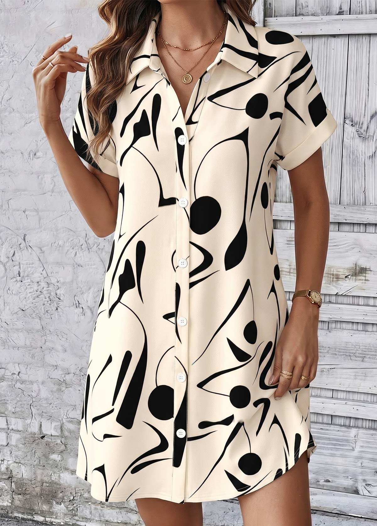 Beige Geometric Print Short Tummy Coverage Shirt Collar Dress | picture 