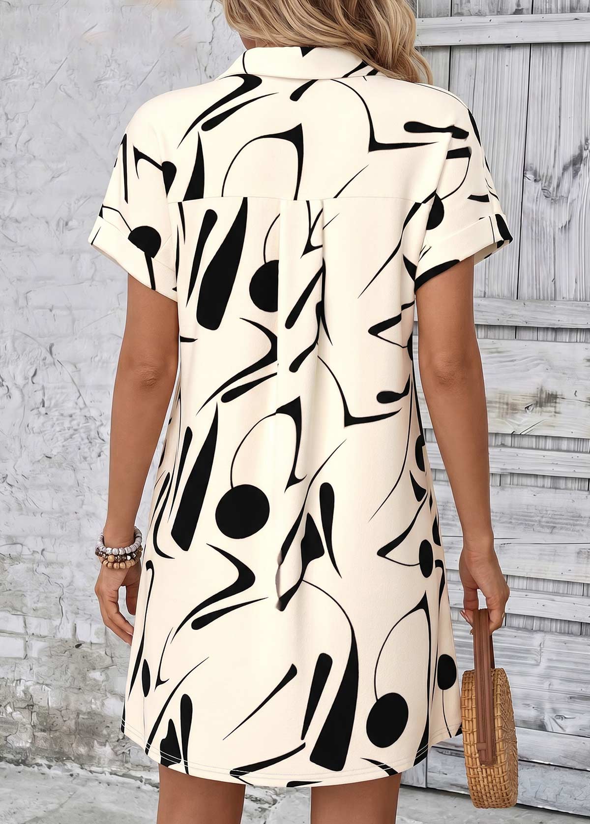 Beige Geometric Print Short Tummy Coverage Shirt Collar Dress | picture 